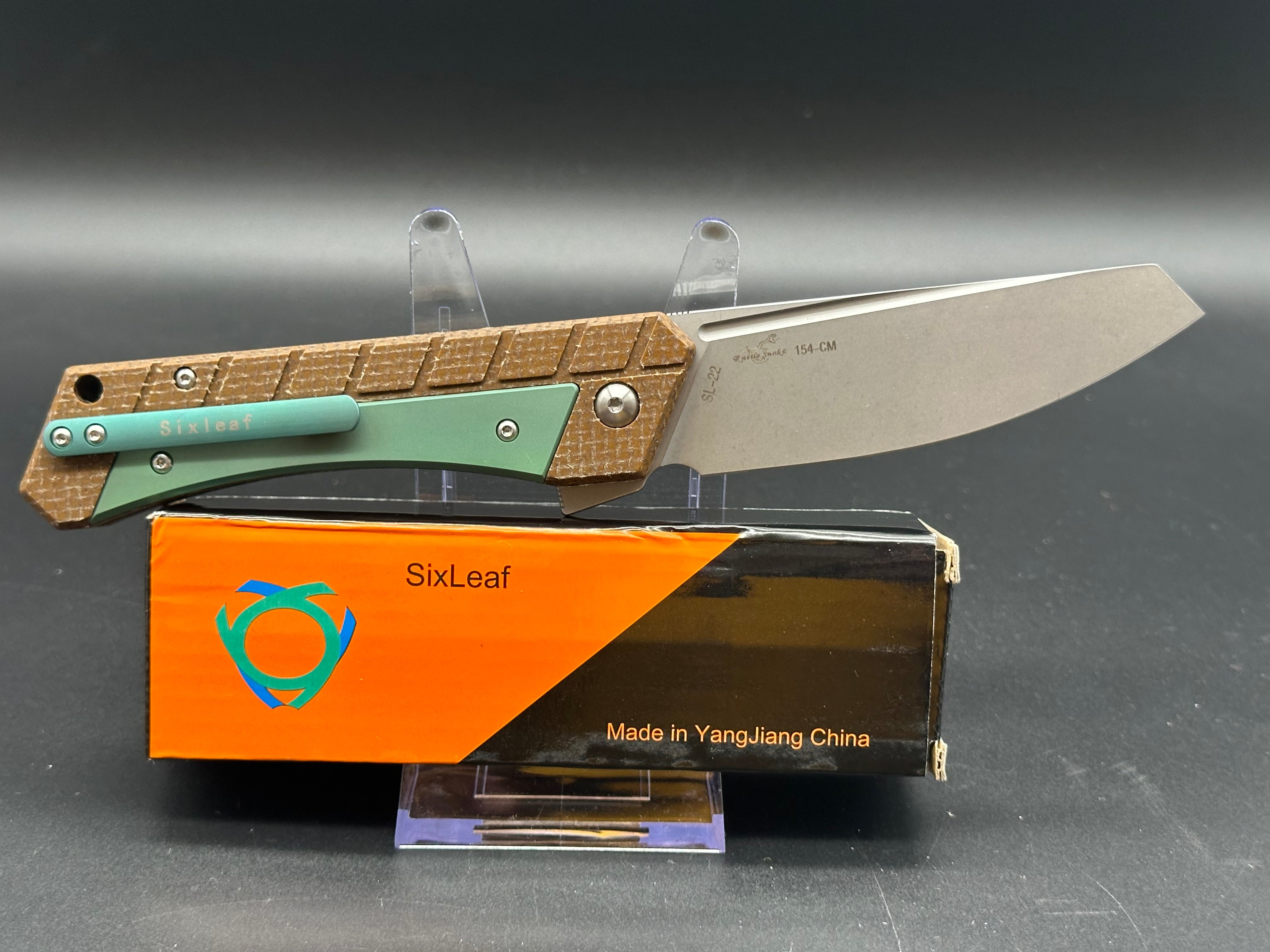 SIXLEAF SL 22 Green Folding Knife - Premium 154CM Plain Edge Blade with Titanium & Green Linen Micarta Handle - Perfect for Camping, Hiking, and Everyday Carry (EDC)
