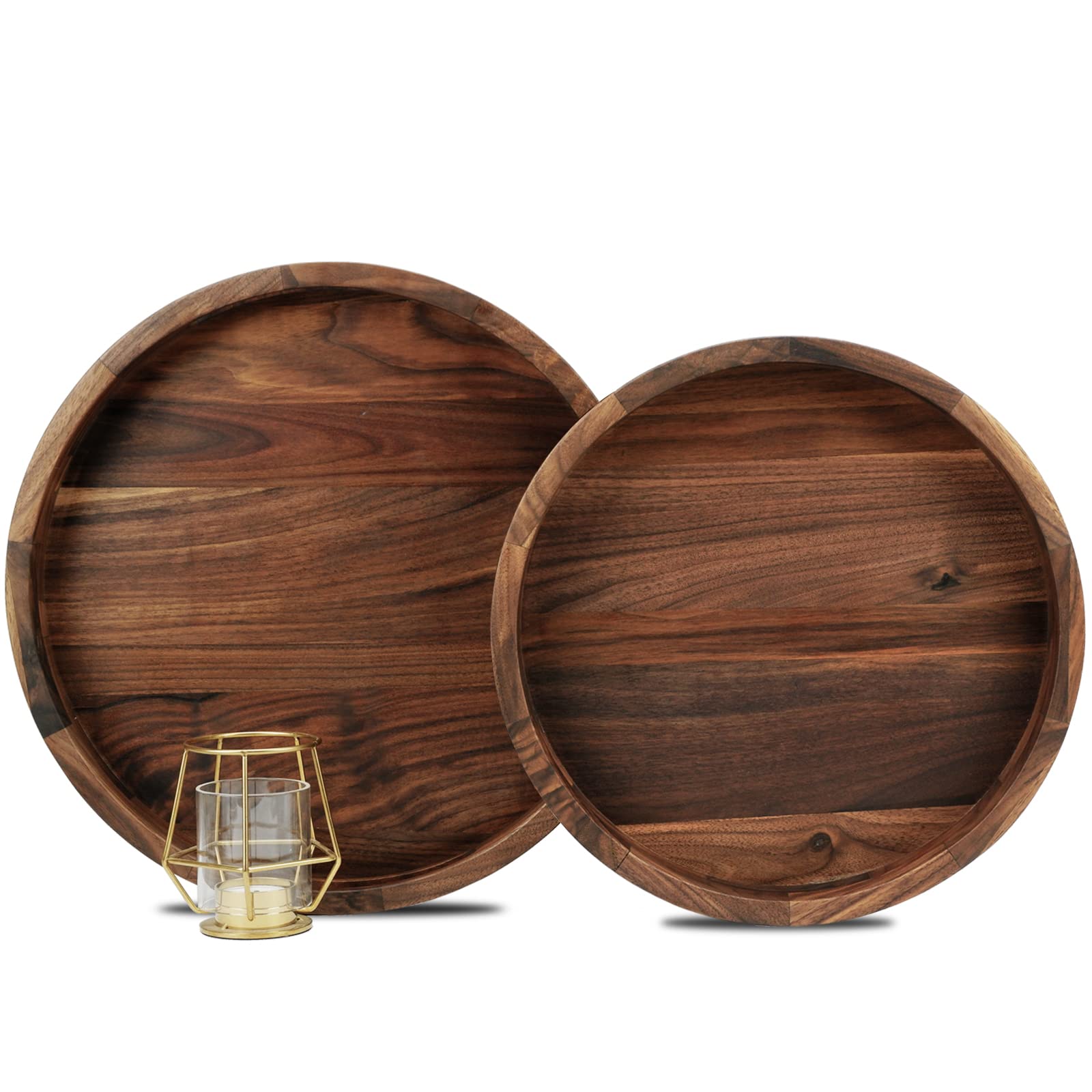 Set of 2 Large Round Black Walnut Wood Ottoman Trays with Handles - 14 & 12 Inch Classic Wooden Serving Tray for Tea, Coffee & Decor - Perfect for Living Room, Bedroom & Coffee Table Use