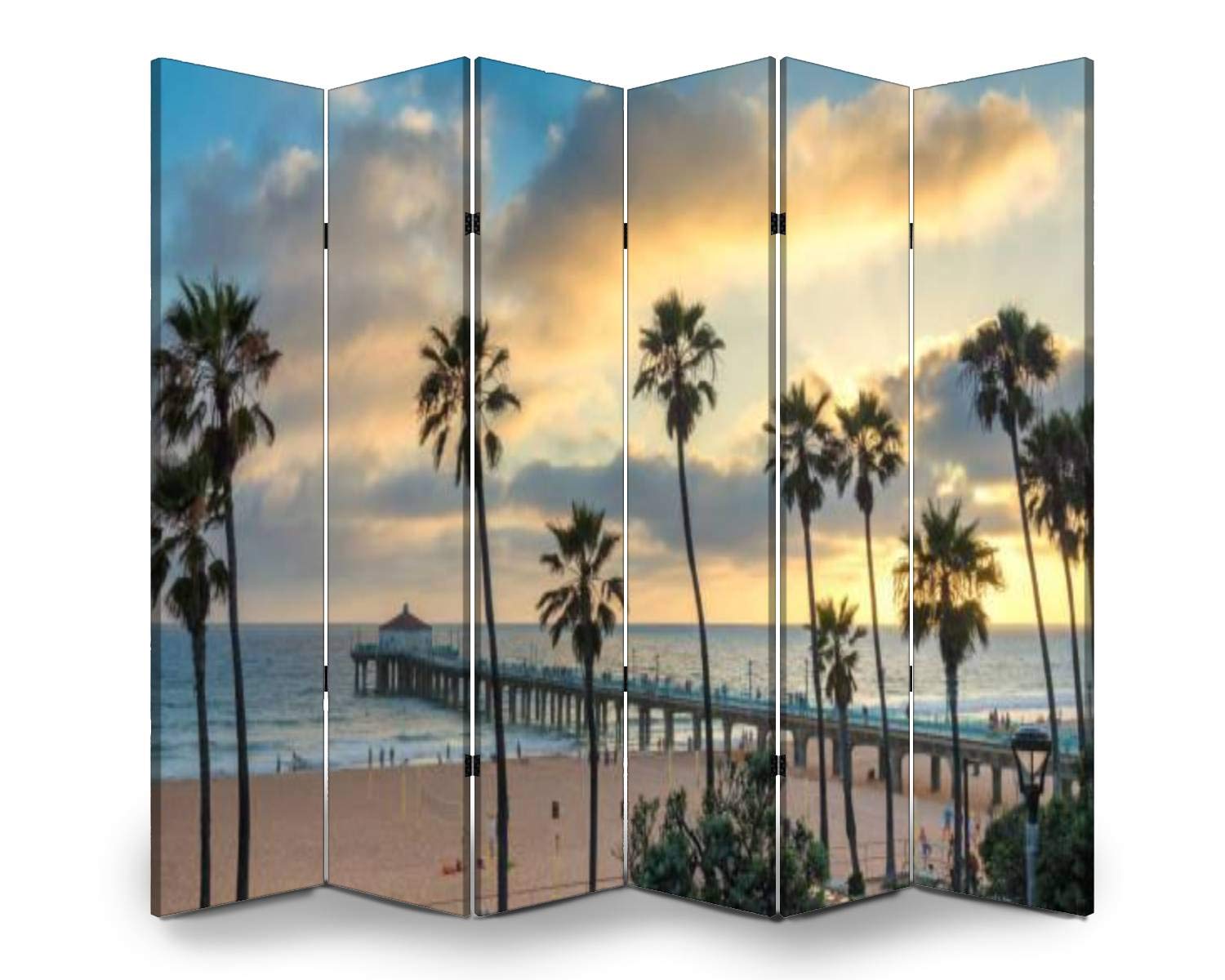 6-Panel Wooden Room Divider with California Beach Sunset & Palm Tree Print - Foldable Privacy Screen, Dual-Sided Canvas Partition for Home Office, Bedroom, and Indoor Decor