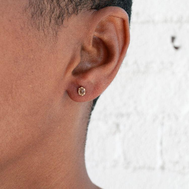 14K Yellow Gold Small Hexagon Stud Earrings with Oval Champagne Quartz - Elegant Minimalist Jewelry for Everyday Wear & Special Occasions