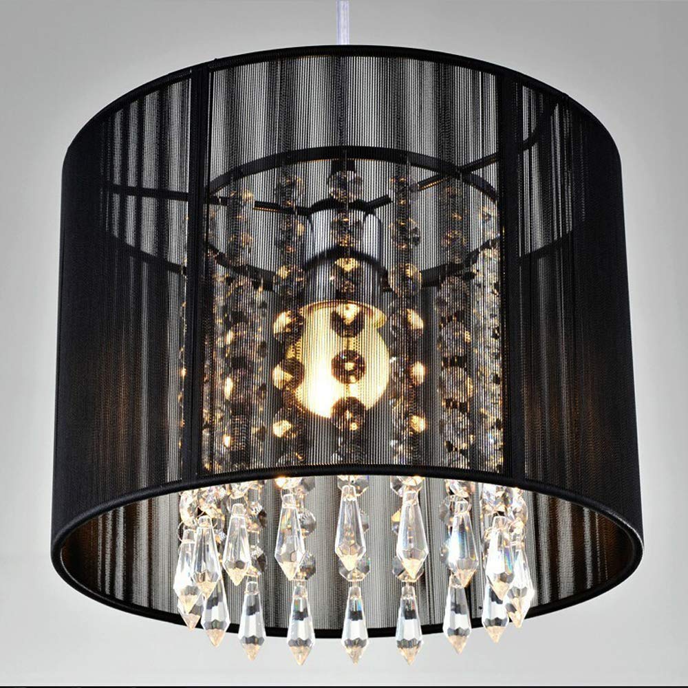 Modern European LED Crystal Chandelier with E27 Base - Black & Silver Brushed K9 Crystal Droplets Pendant Light with Fabric Lampshade for Living Room, Bedroom, Dining Room | Elegant Ceiling Lighting for Home Decor