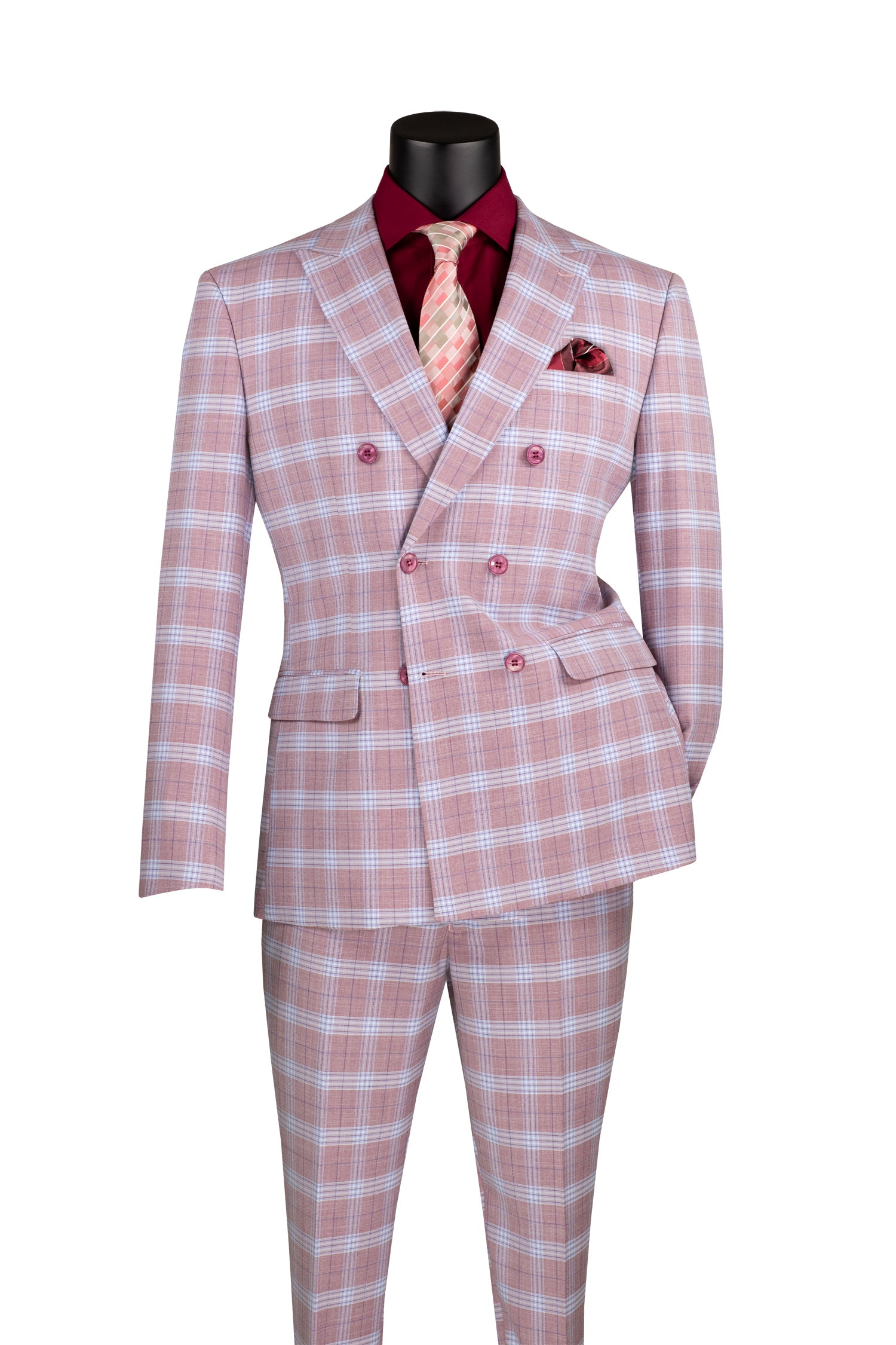 Double Breasted Slim Fit Window Pane Suit Jacket for Men - Adobe Rose Color | Formal Business Attire & Wedding Occasions