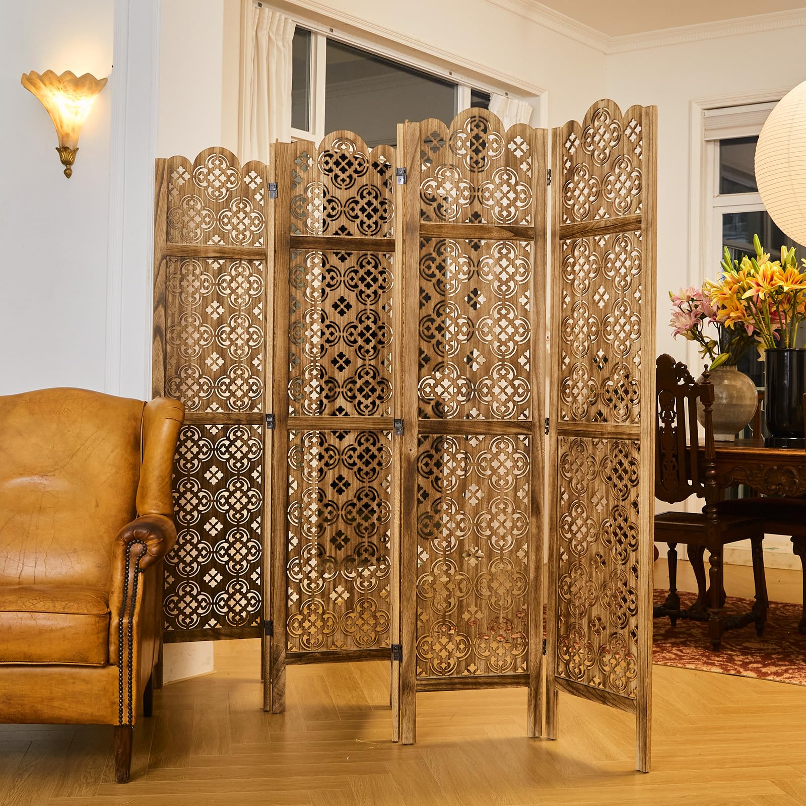 5.75Ft Wooden Room Divider - Hand Carved Folding Partition Screen for Home, Office, Garden & Terrace - 6 Panel Portable Privacy Screen (Antique Brown) | Perfect for Creating Private Spaces, Home Decor, and Room Separation