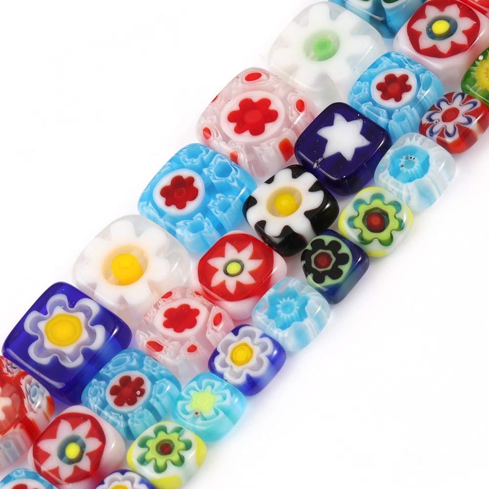 BDI067855 Millefiori Flower Pattern Lampwork Glass Beads - 6mm Flat Cube Square Beads for Jewelry Making, DIY Bracelets, Necklaces & Craft Accessories (65pcs, 15'') - Perfect for Boho Style Jewelry, Scrapbooking & Home Decor Projects