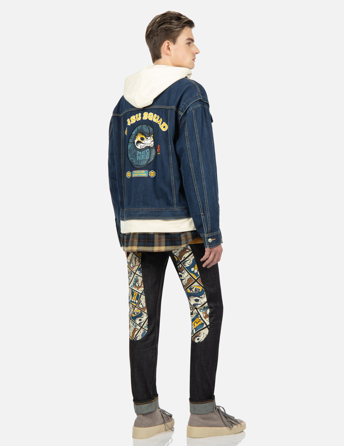 Vintage Daruma Leather Patch Denim Jacket for Men & Women - Distressed Denim Trucker Jacket with Embroidered Japanese Daruma Doll Design - Perfect for Streetwear, Casual Outfits and Fashion Statements