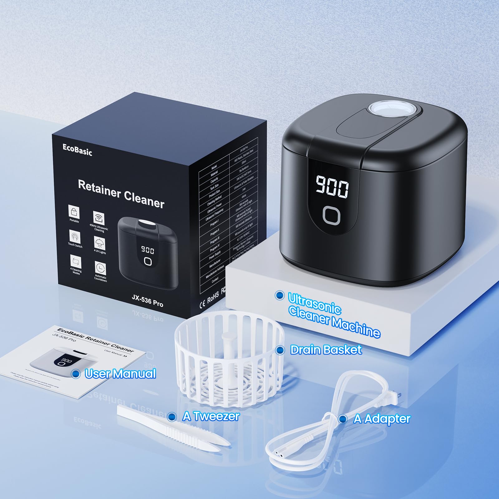 Ultrasonic Retainer Cleaner Machine - 45kHz with 4 Cleaning Modes & Digital Timer, 200ML Capacity for Dentures, Mouth Guards, Braces, Toothbrush Heads & Jewelry (Black) - Perfect for Dental Hygiene & Jewelry Care at Home