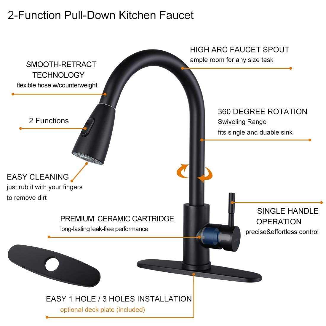 WOWOW Single Handle Bathroom Sink Faucet & Matte Black Kitchen Faucet with Pull Down Sprayer - Perfect for Modern Homes, Apartments, and Renovations
