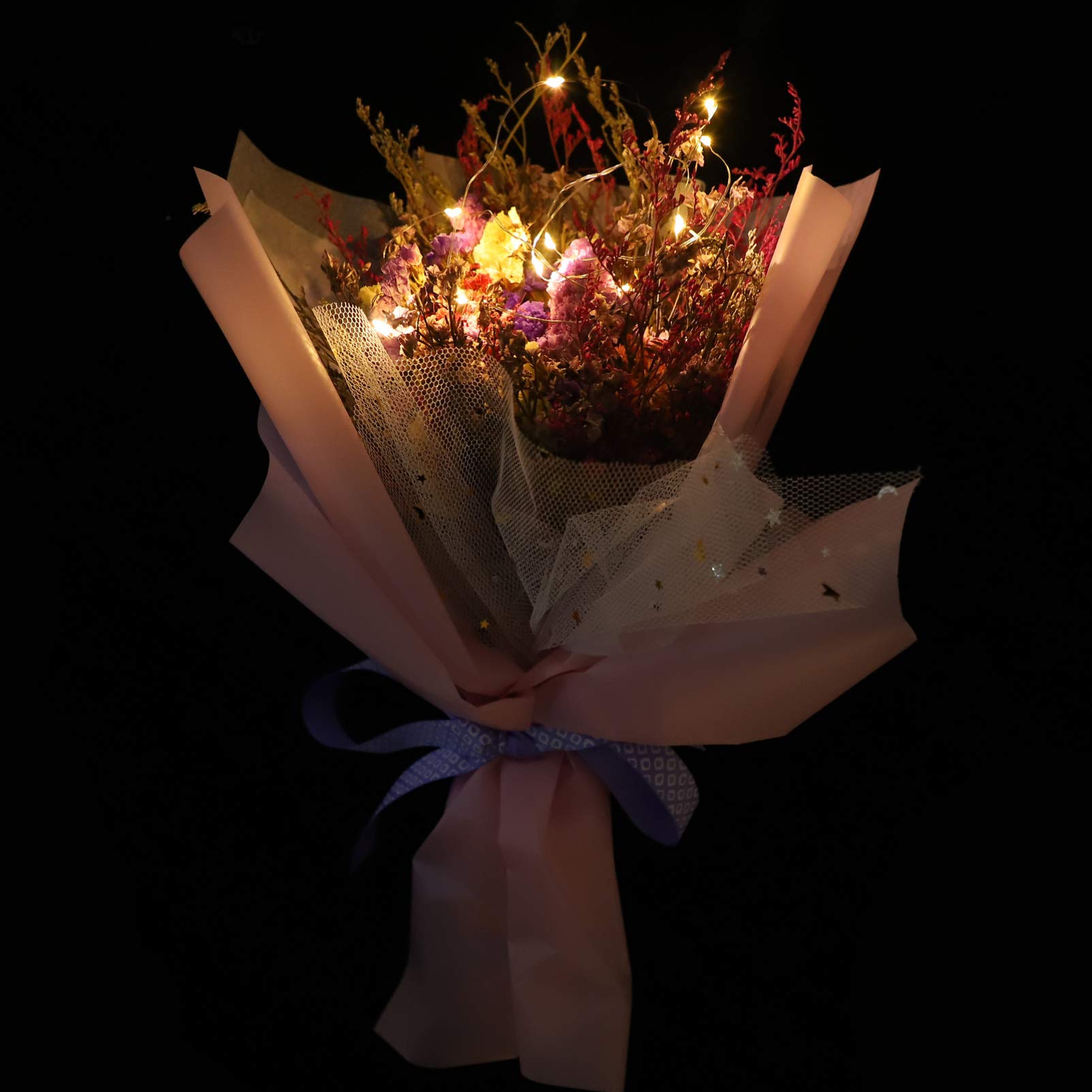 BESPORTBLE Natural Dried Flower Bouquet Set - Artificial Floral Arrangement Centerpiece with LED Lights for Home Decor, Wedding, Baby Shower & Party Decorations | Perfect for Tabletop, Mantel and Shelf Display
