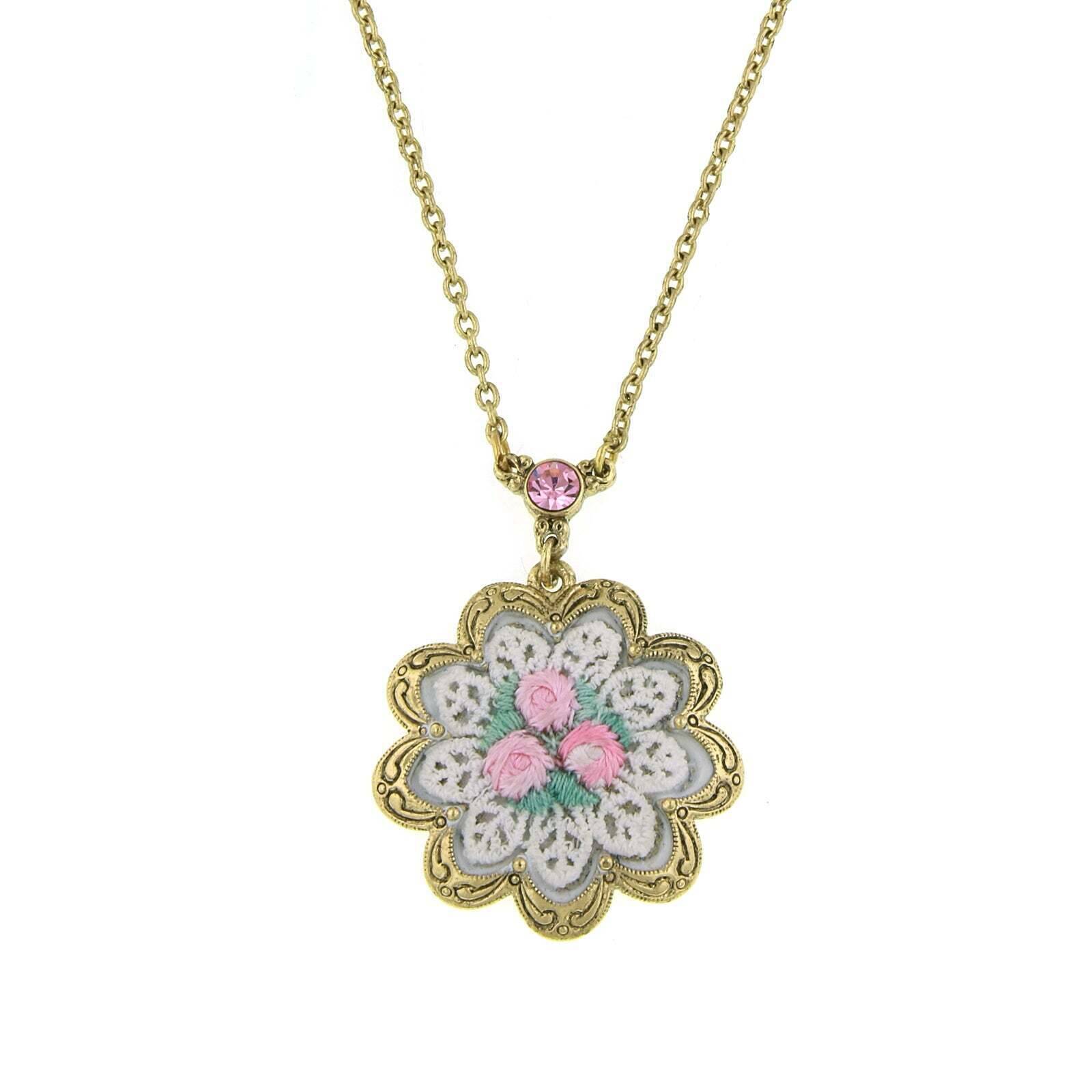 Vintage 1928 Pink Rose Crystal Pendant Necklace with Jewelry Knit Doily & 16