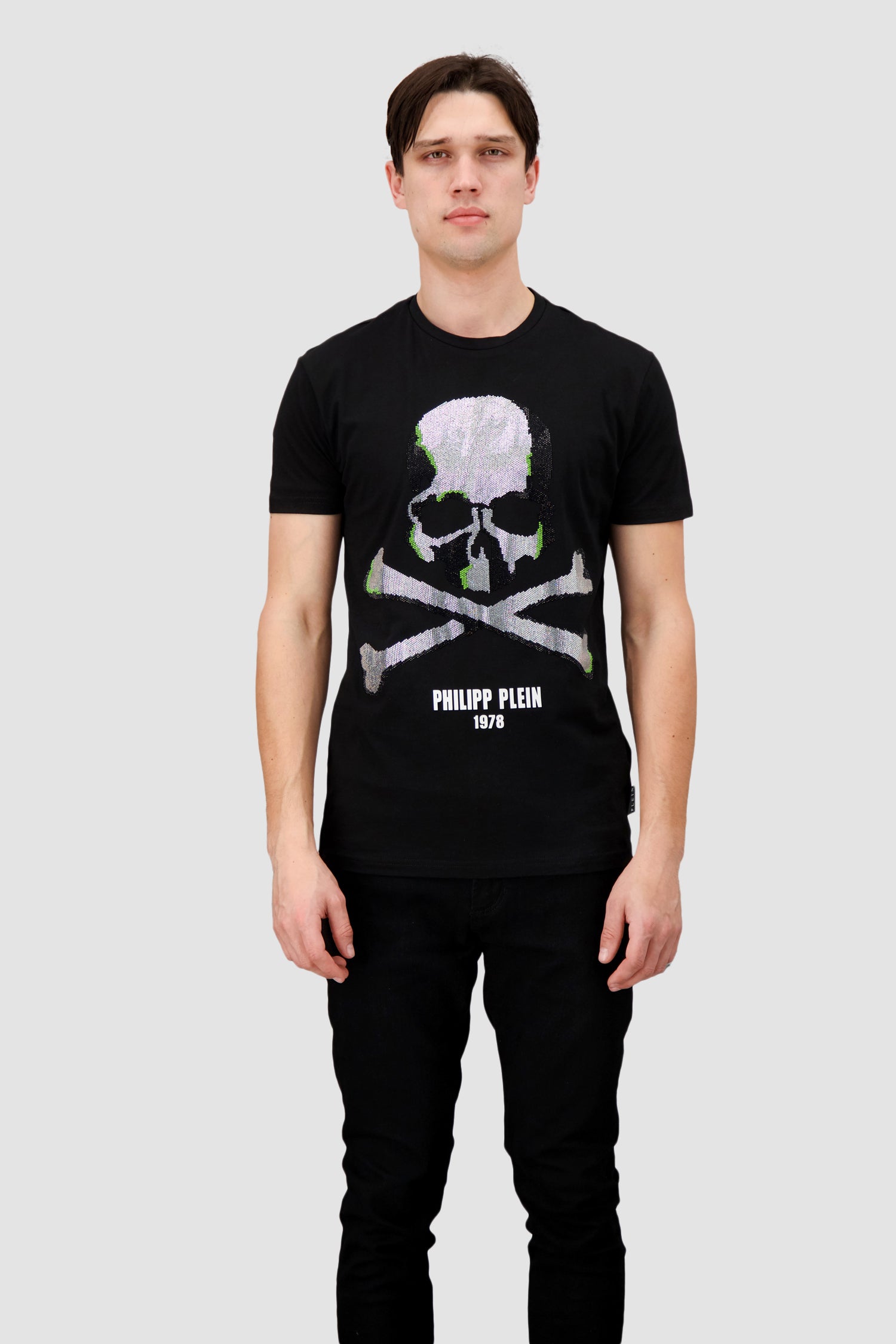Philipp Plein Black Round Neck Short Sleeve Skull Strass T-Shirt for Men | Stylish Casual & Party Wear | Perfect for Night Out and Street Fashion