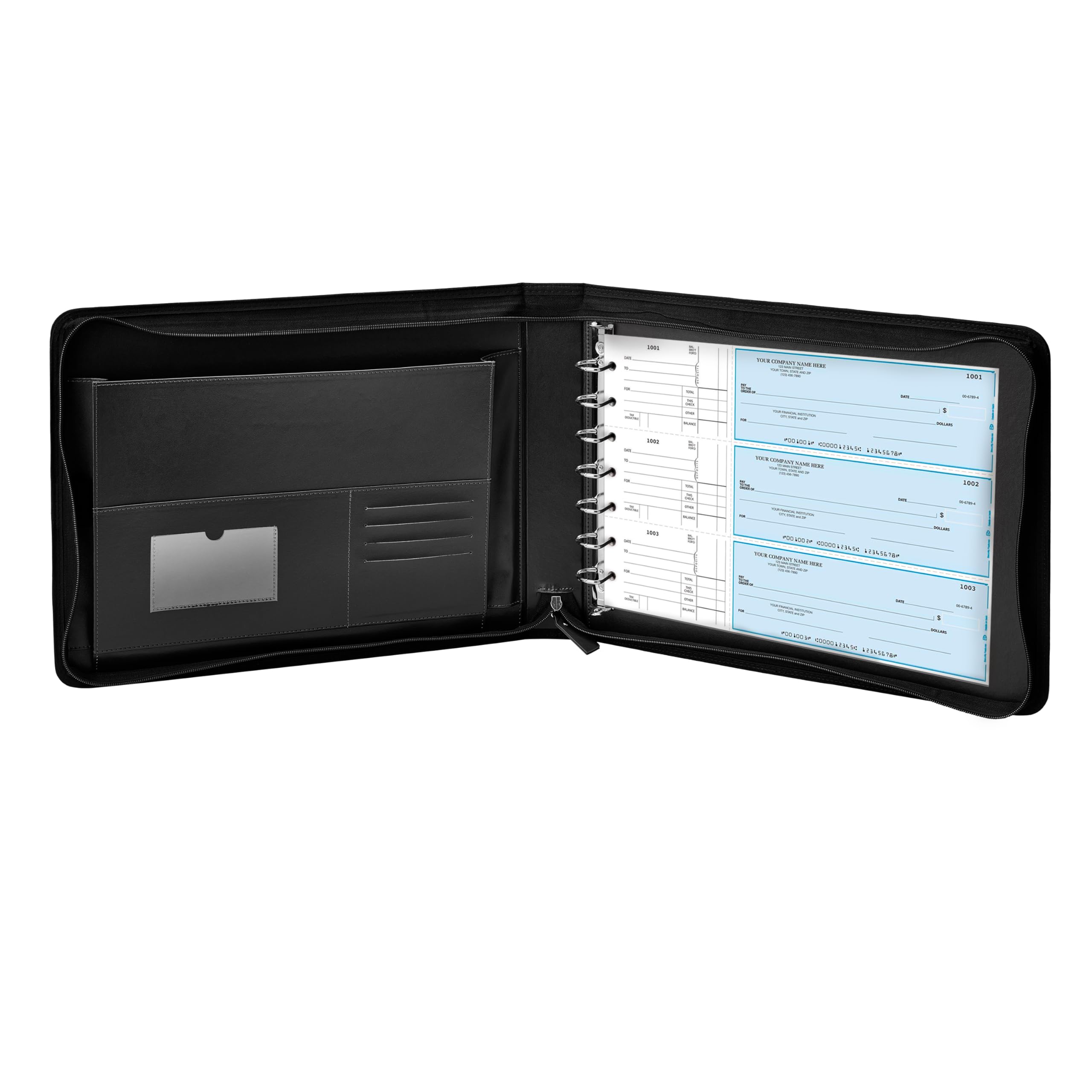 GALLAWAY LEATHER 7 Ring Business Checkbook Binder - PU Leather Zippered Check Portfolio Holder with 600 Checks Capacity for Executives & Personal Use (Black) | Perfect for Office, Banking & Financial Organization