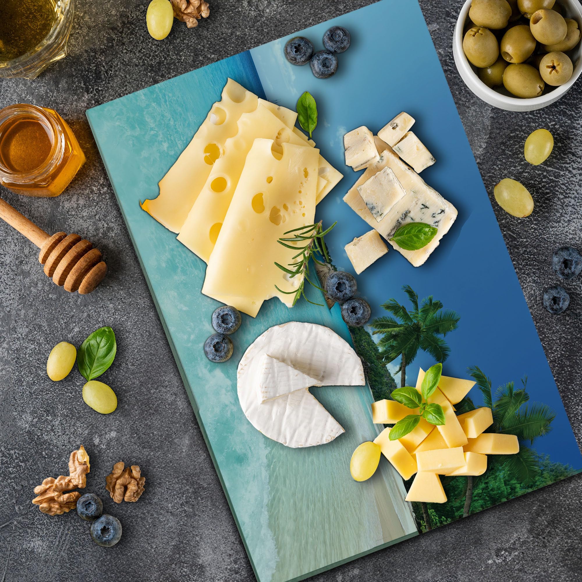 Ambesonne Ocean Themed Tempered Glass Cutting Board - Large Size Turquoise Blue Green - Anse Lazio Beach Scenic View - Decorative Serving Board for Kitchen, Dining & Entertaining - Perfect for Cheese Platters, Charcuterie & Party Serving