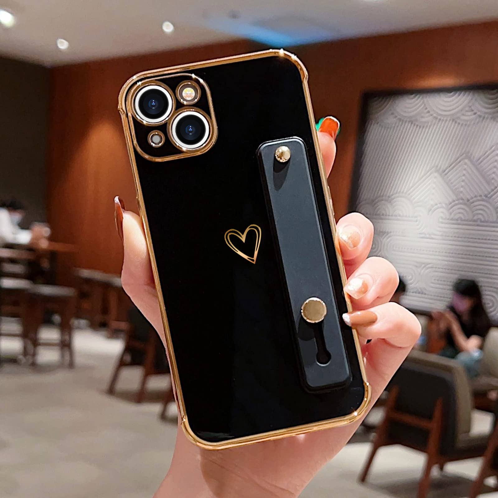 Luxury Bling iPhone 13 Case for Women - Cute Heart Design with Adjustable Hand Strap & Shockproof Protection | Perfect for Daily Use, Work, and Travel - Black