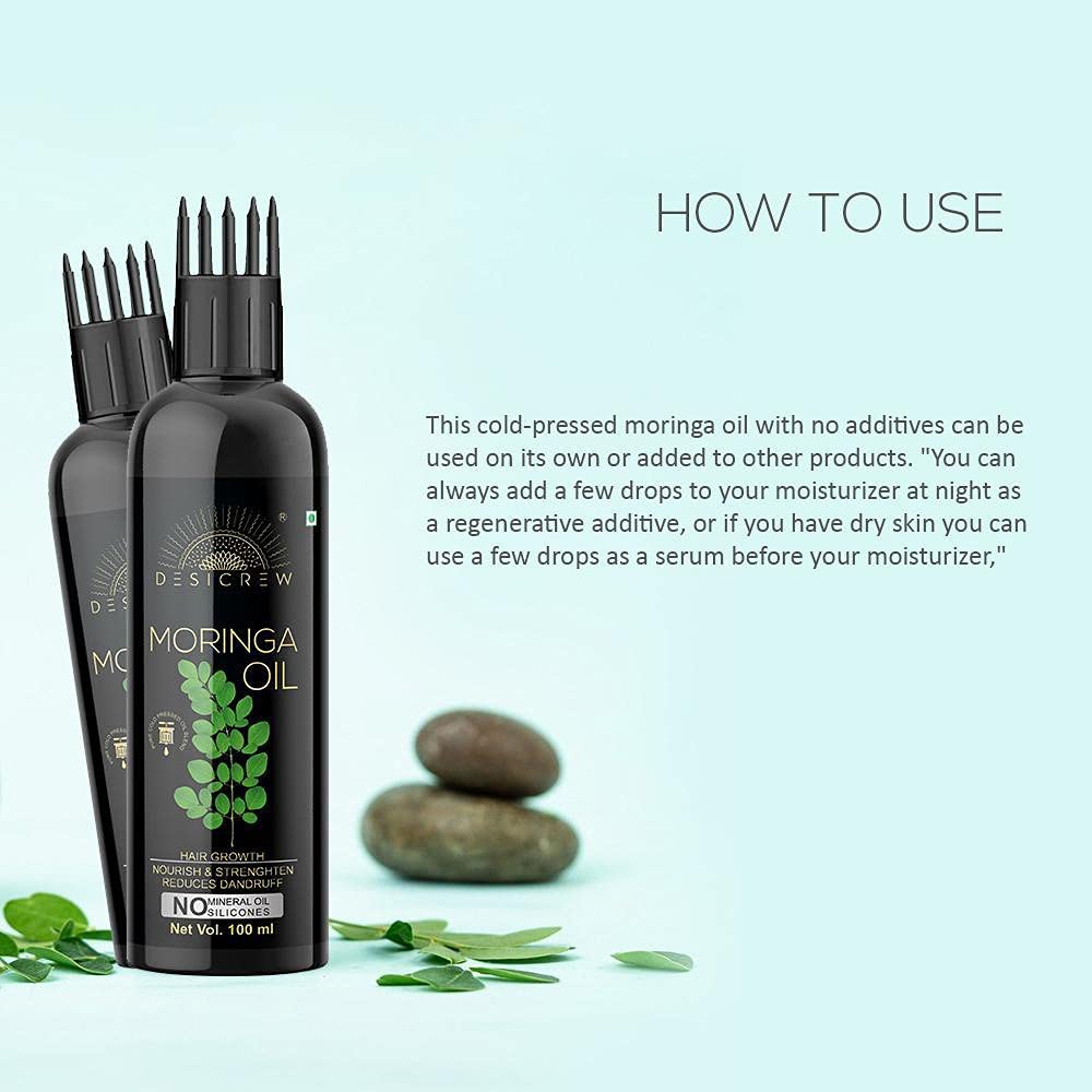 DESICREW Pure Cold Pressed Moringa Oil with Comb Applicator - 100ml Organic Hair & Skin Care - Promotes Growth, Moisturizes Scalp & Face - Perfect for Daily Hair Treatment & Skincare Routine