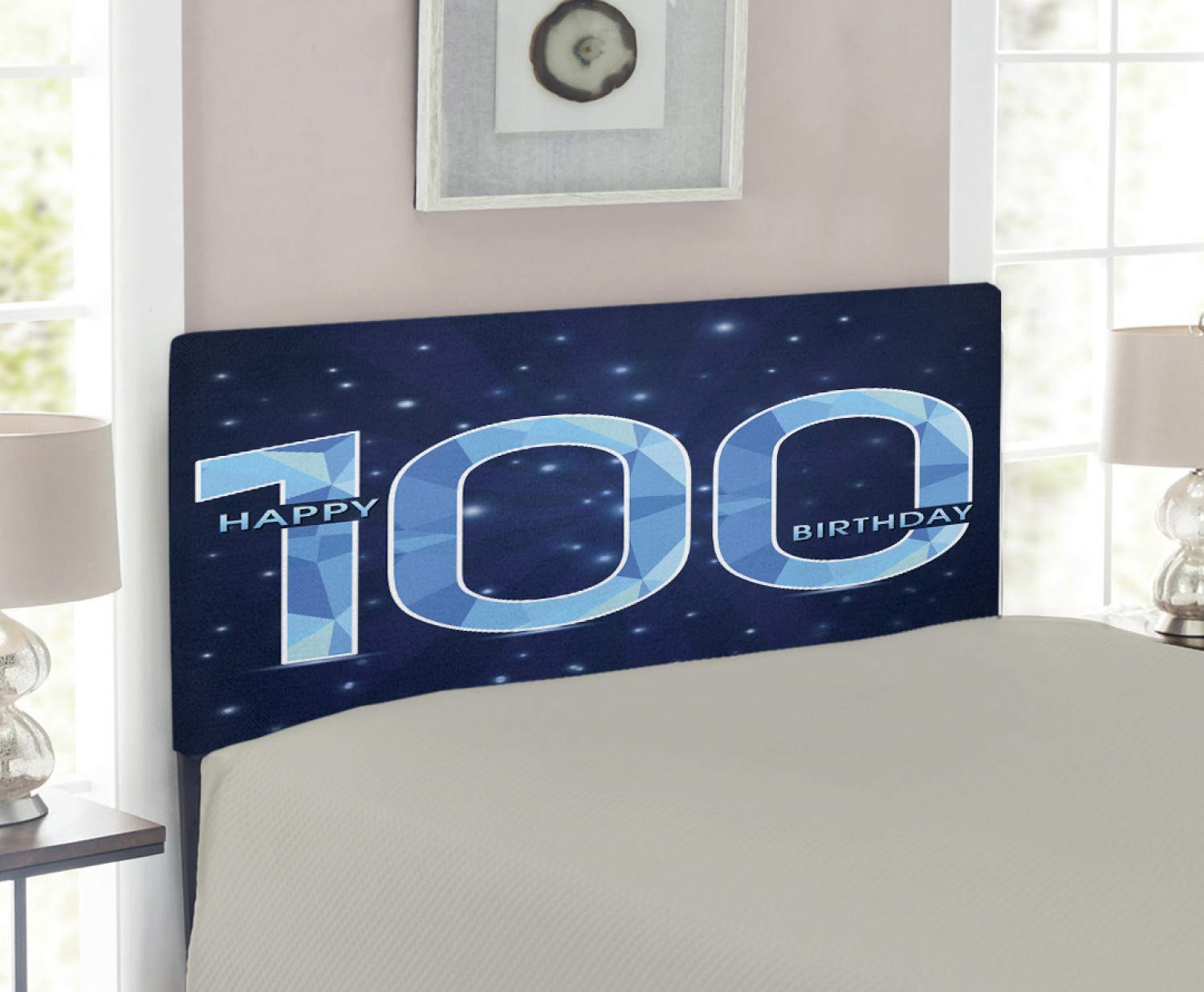 Ambesonne 100th Birthday Upholstered Headboard - Twin Size Sky Blue & Navy Blue Memory Foam Decorative Metal Bed Frame for Grandparents' Century Party | Perfect for Birthday Celebrations & Bedroom Decor