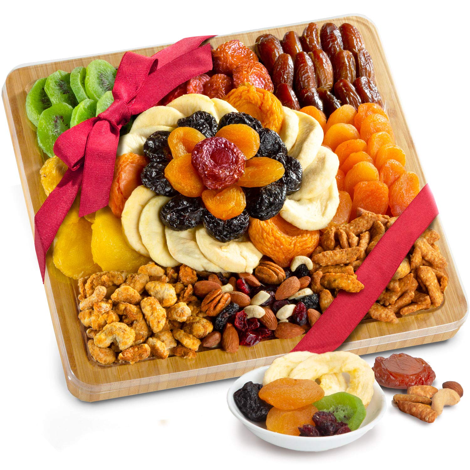 Premium Dried Fruit & Gourmet Snack Gift Set on Bamboo Cutting Board Serving Tray - Perfect for Housewarming, Holiday Gifts & Charcuterie Board Parties
