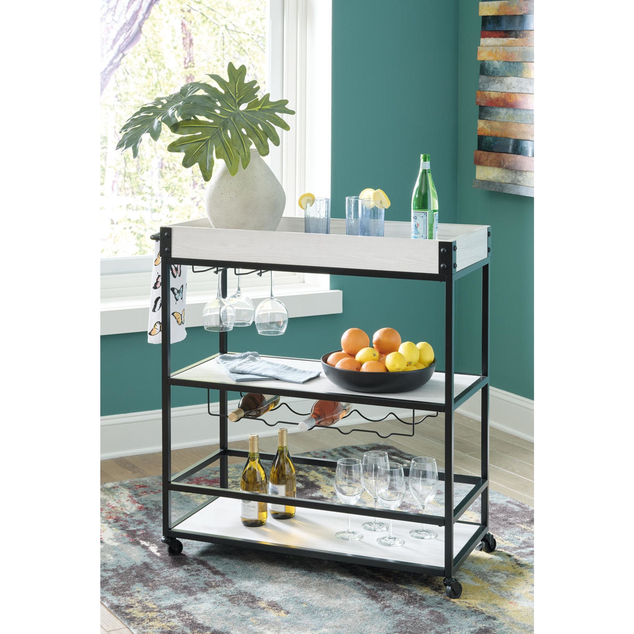 Bayflynn Bar Cart - White & Black Rolling Drink Cart with Wheels for Home, Kitchen, Bar, or Party Serving - Modern Mobile Beverage Station for Wine, Cocktails, and Entertaining