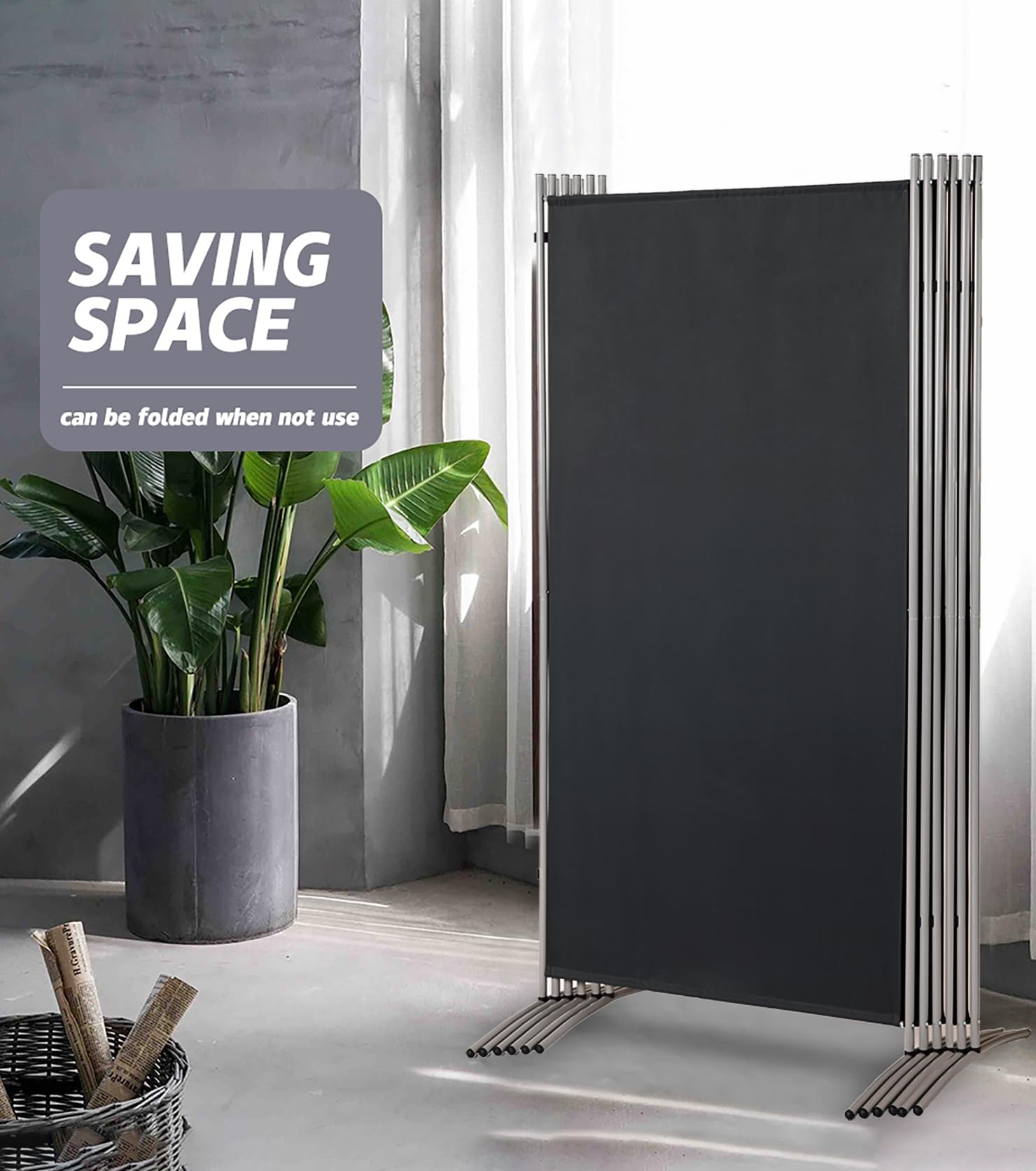 6 FT Tall 6-Panel Woven Room Divider - Double Hinged Freestanding Privacy Screen for Home & Office - Black Folding Partition for Bedroom, Living Room, and Workspace