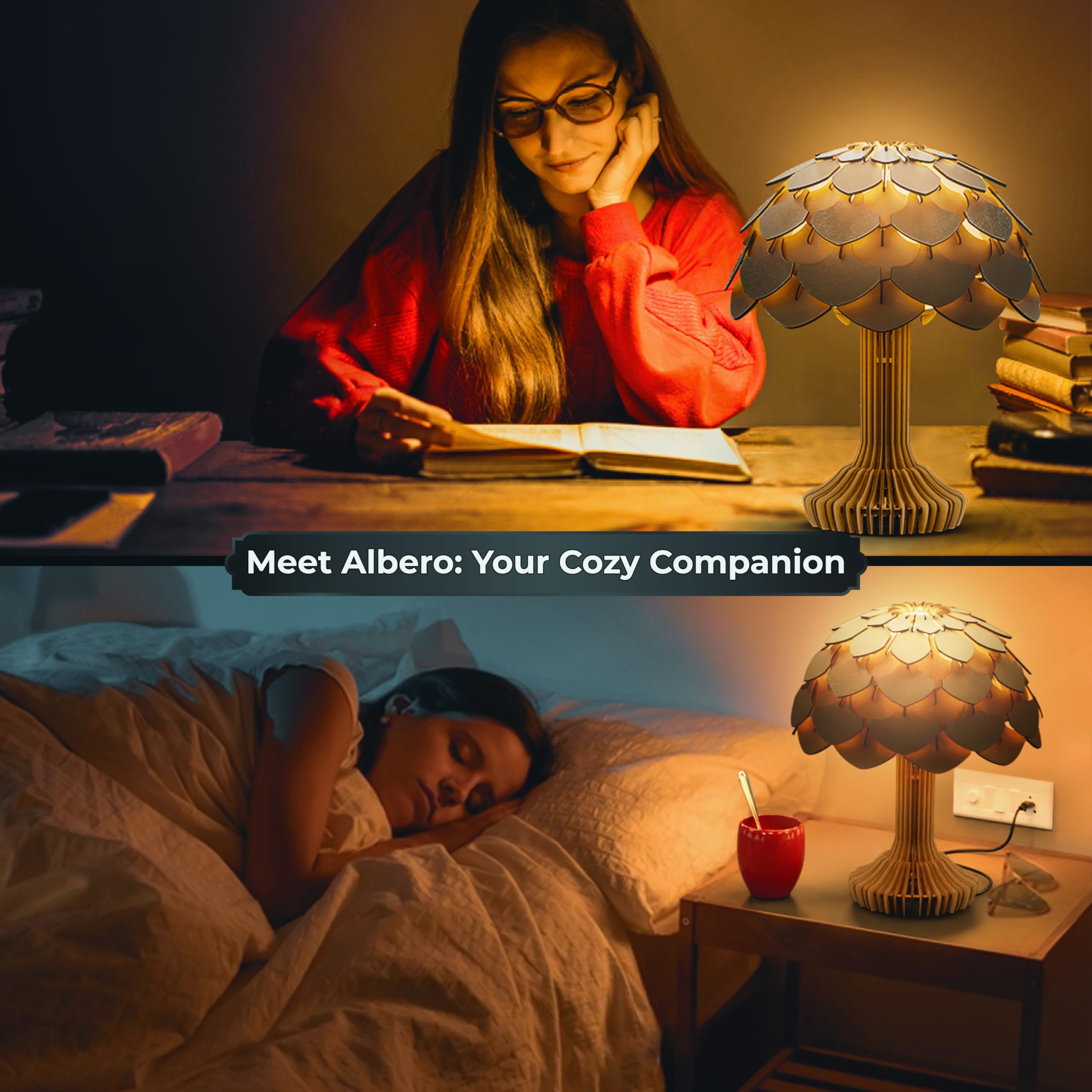 EIGEN Wooden Table Lamp for Bedroom & Study - Natural Wood Night Light with Warm White LED, Modern Home Decor Lighting for Bedside, Living Room, Office - Perfect for Reading & Relaxation (Albero Design)