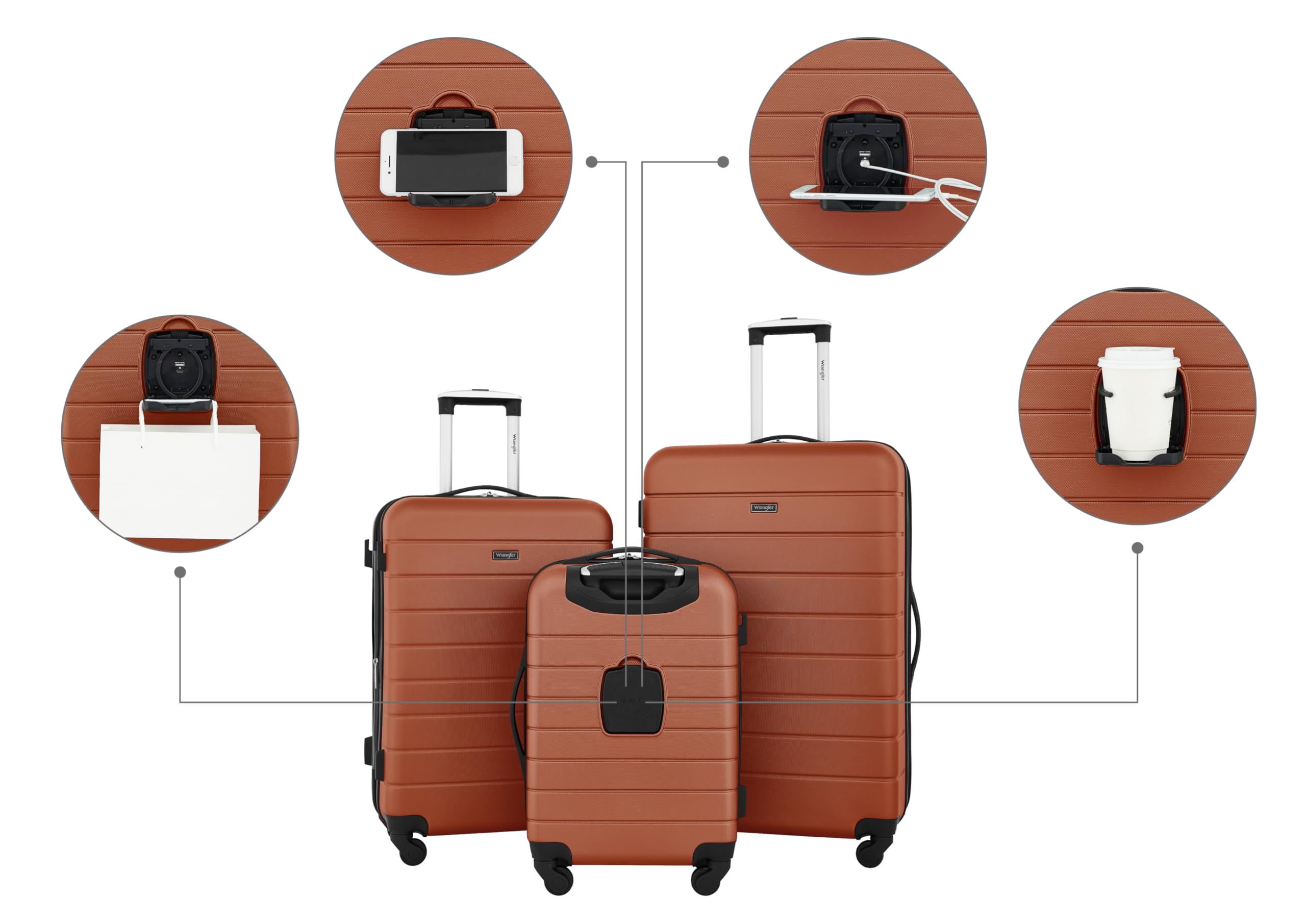 Wrangler Smart Luggage with Cup Holder & USB Charging Port - 3 Piece Carry-On Set (Burnt Orange) | Perfect for Business Travel, Family Vacations & Airport Convenience