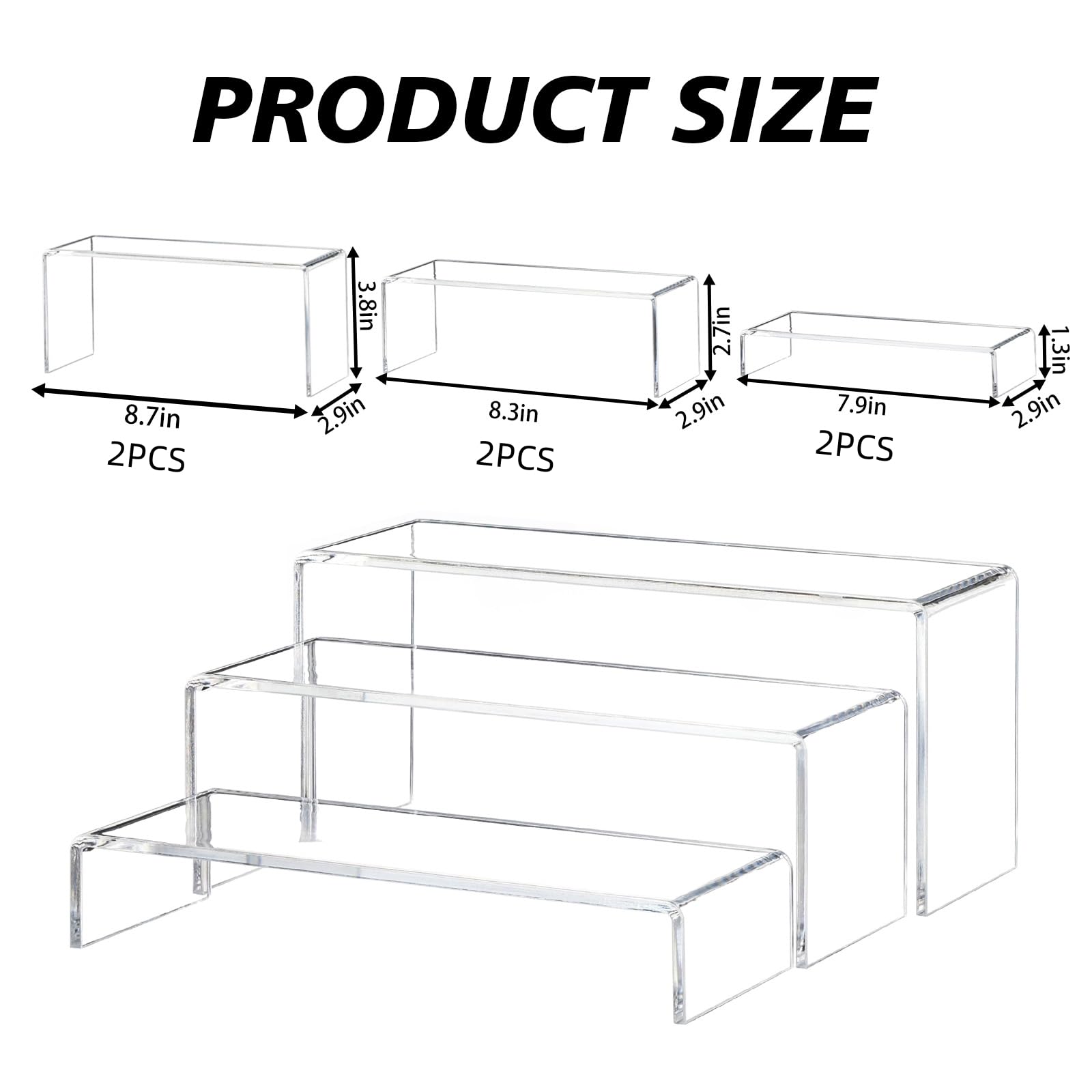 6Pcs Acrylic Display Risers - 4mm Thick Rectangular Tiered Table Shelves Stand for Vendor Events, Funko Pop Figures, Lego Display, Cupcakes & Perfume - Perfect for Retail Displays, Trade Shows & Home Decor