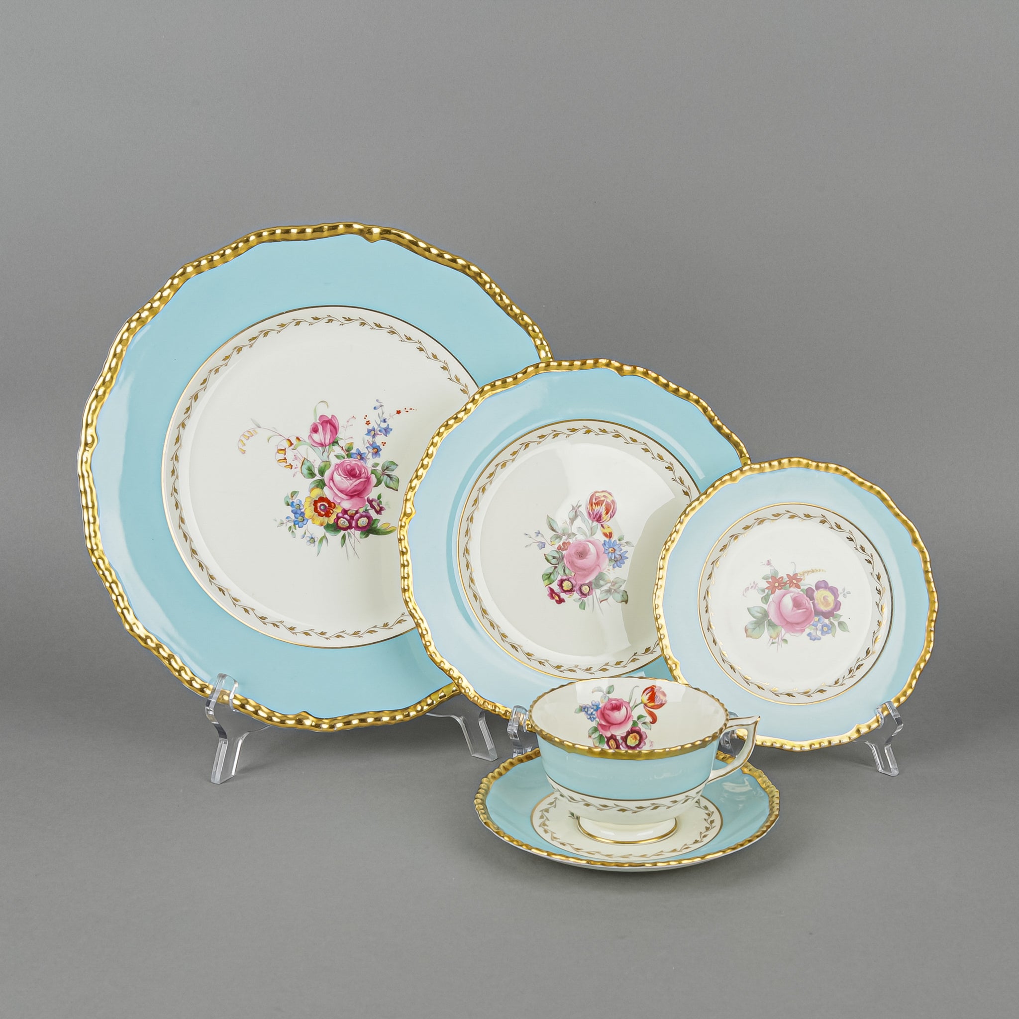Royal Doulton V1967 Turquoise Rim Hand Painted Floral Dessert Set - 25 Piece Fine China Tea Service for Afternoon Tea, Bridal Shower & Special Occasions