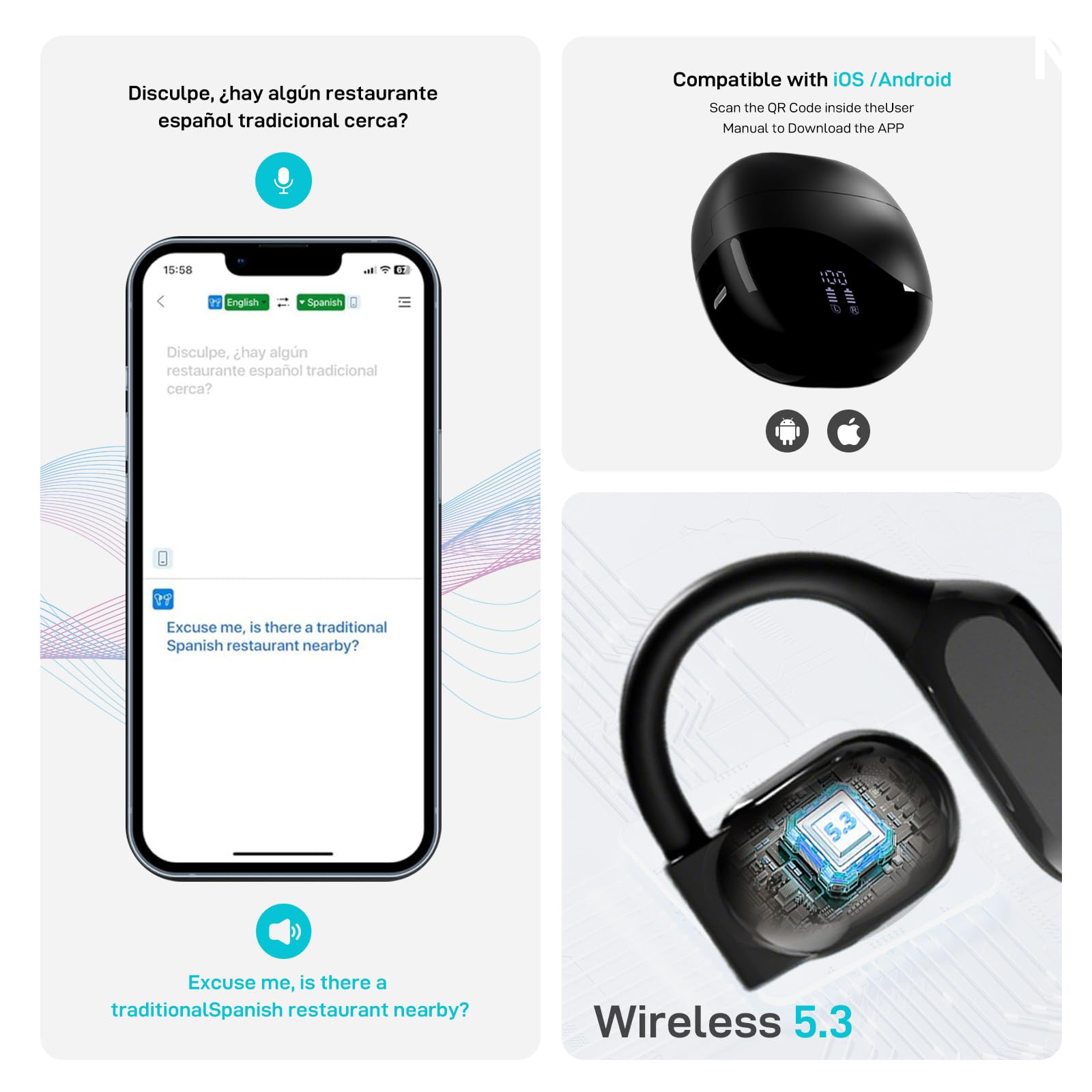 144 Language AI Translator Earbuds - Wireless Bluetooth 3-in-1 Headphones with Real-Time Translation for iOS & Android | Perfect for Travel, Business Meetings & Language Learning