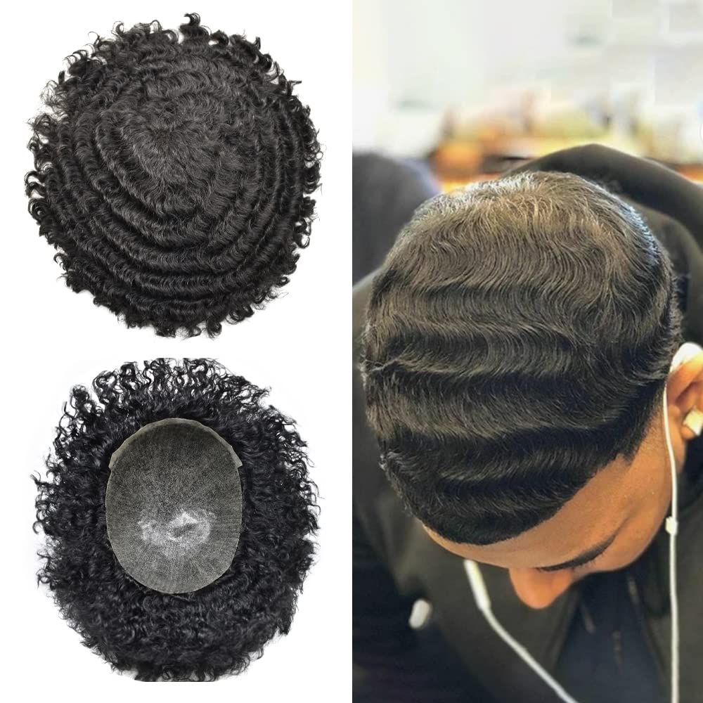 Men's Afro Wig - Brazilian Human Hair Replacement System for Black Men - 14MM Kinky Curly Afro Weave with Full PU Poly Skin - Jet Black (#1) - Perfect for Cosplay, Daily Wear & Hair Loss Solutions