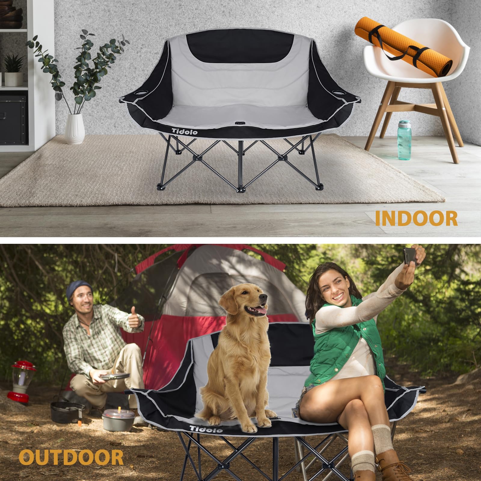 **Double Camping Chairs for Adults - Oversized Folding Loveseat Outdoor Chairs with Cup Holder & Wine Glass Holder, Heavy Duty 600Lbs Capacity, Perfect for Camping, Picnics, Beach & Backyard (Grey)**