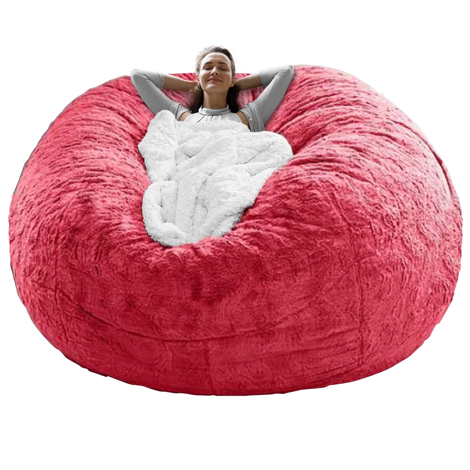 RAINBEAN 5ft Red Bean Bag Chair Cover - Soft Fluffy PV Velvet Replacement Slipcover for Round Bean Bag Chairs, Sofa Beds & Living Room Furniture - Perfect for Lounging, Gaming Rooms & Cozy Home Decor