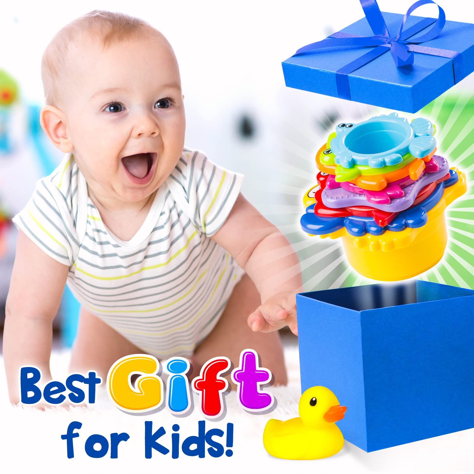 Rainbow Stacking Bath Cups for Toddlers 1-3 Years Old - Safe Baby Bath Toys with Rubber Duckie for Early Learning & Sensory Play | Fun Bath Time, Birthday Gifts & Stocking Stuffers for Infants