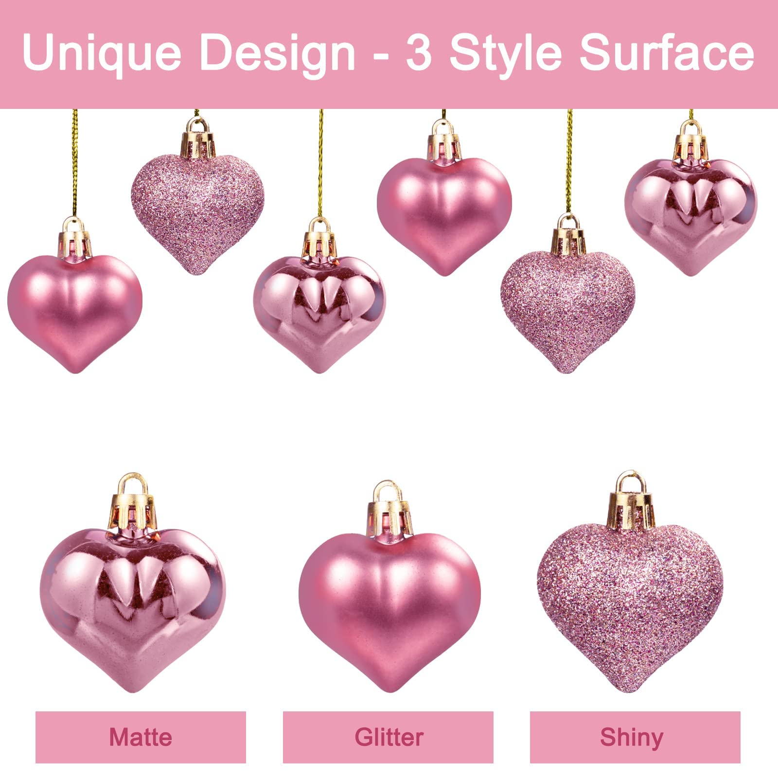 36pcs Rose Gold Heart Shaped Ornaments - Valentine's Day Wedding Anniversary Tree Decorations, Hanging Baubles for Home Party & Romantic Celebration