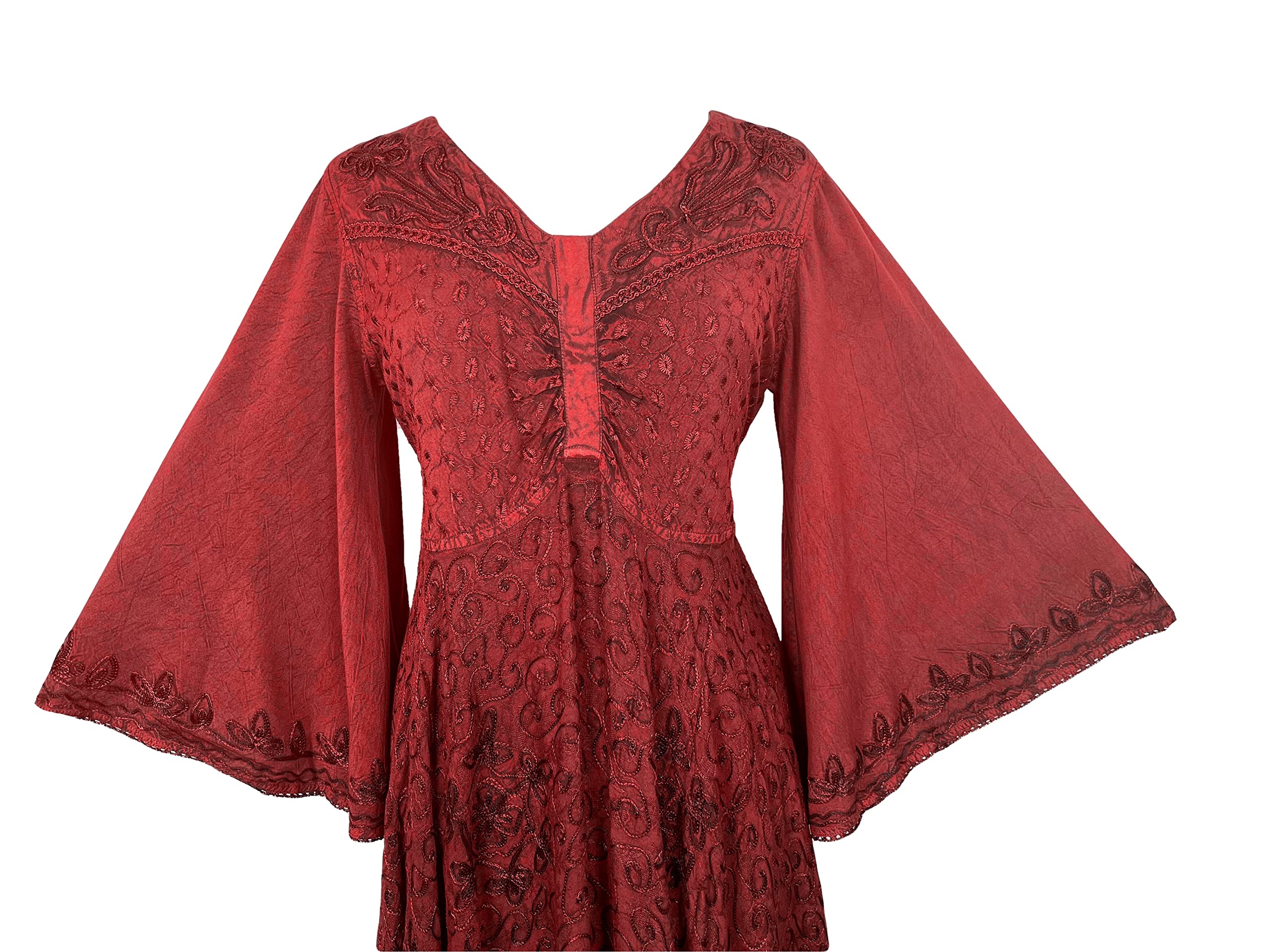 Agan Traders Women's 2025 Spring Bohemian Medieval Renaissance Embroidered Bell Sleeve Flared Calf-Length Dress Gown - Perfect for Renaissance Fairs, Medieval Themed Parties & Boho Chic Fashion