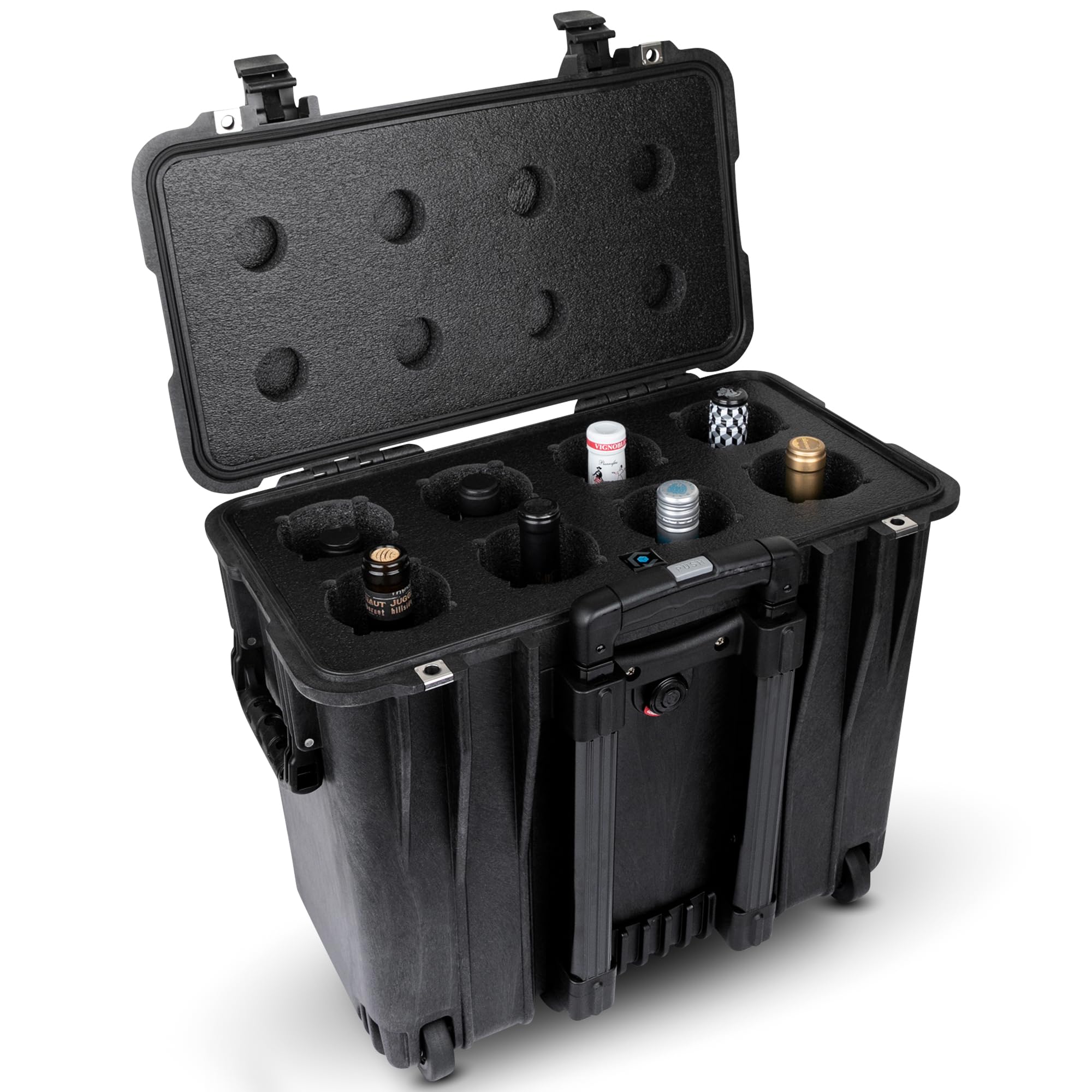 Premium Wine Travel Carrier Case - Heavy-Duty 8-Bottle Wine Luggage with Wheels | Airplane Approved Wine Bottle Suitcase | Durable Wine Transport for Travel, Gifts & Parties | Black CP-WINE-8B