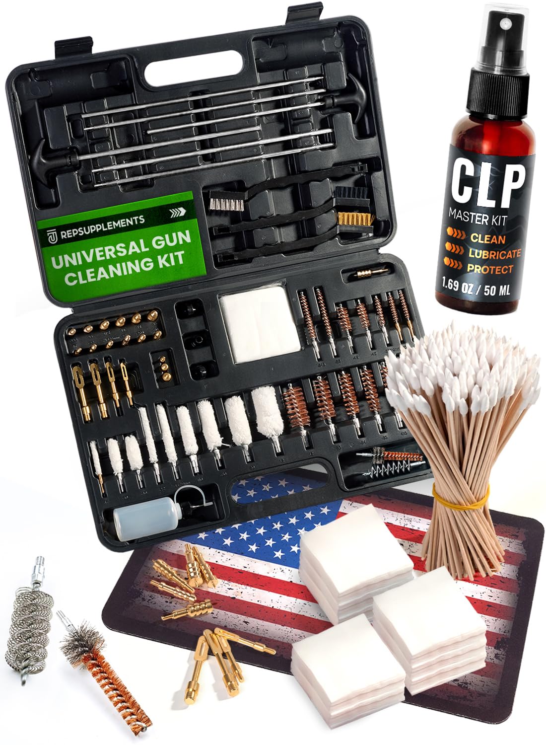 Universal Gun Cleaning Kit for All Firearms - Portable Cleaning Kit for Handguns, Rifles, Shotguns & Airsoft Guns | Includes Stainless Steel Rods, Brass Jags, Cleaning Patches & Swabs | Perfect for Home Maintenance, Range Days & Hunting Trips