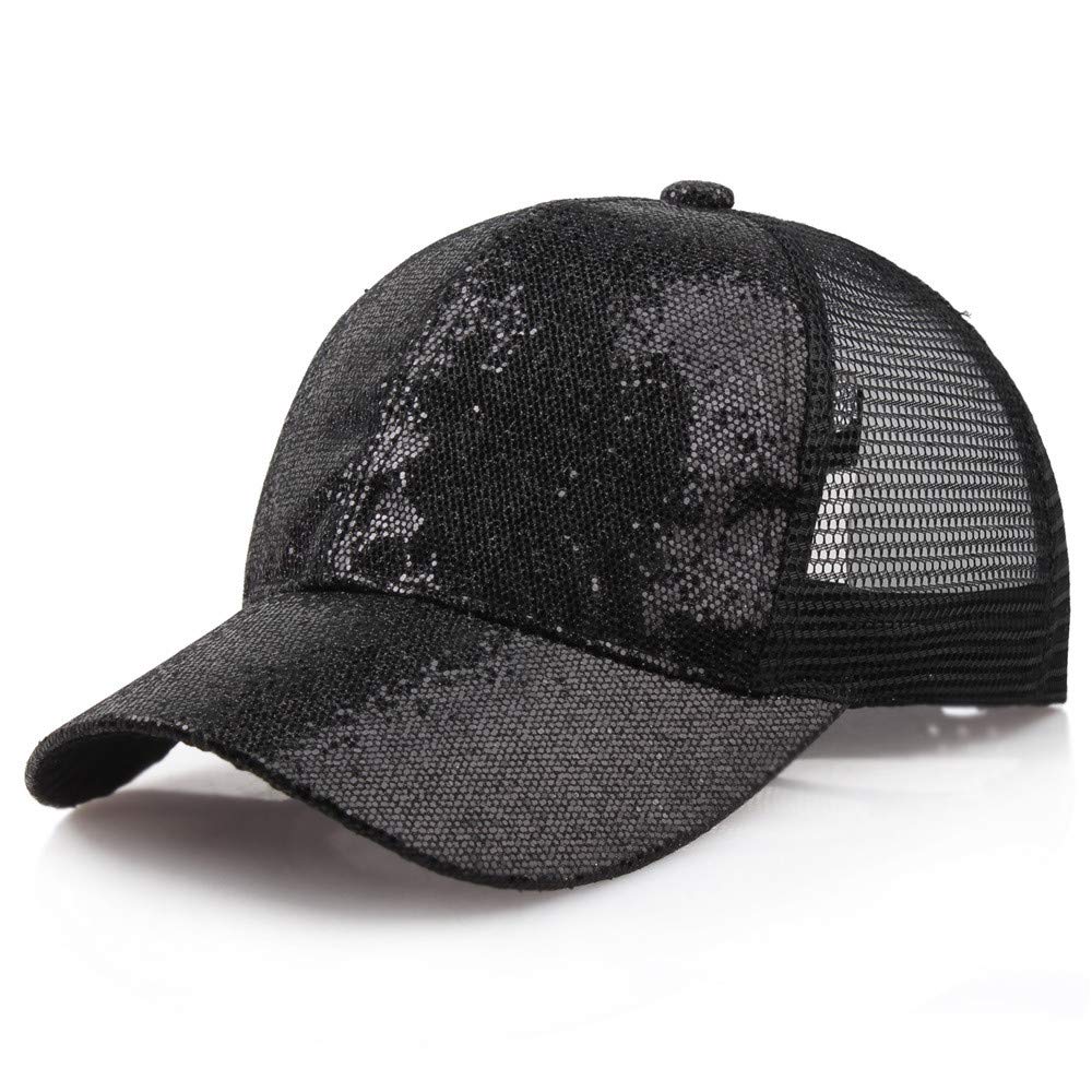 Sparkly Sequined Ponytail Baseball Cap for Women & Girls - Shiny Snapback Hat with Messy Bun Hole - Adjustable Sun Visor for Golf, Running, Outdoor Activities - Black Fashion Hat for Men & Women