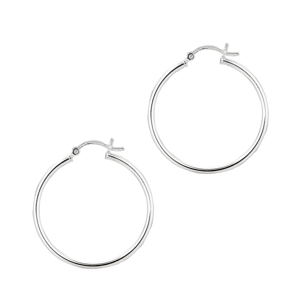 925 Sterling Silver Rhodium Plated Shiny Round Hoop Earrings with Hinged Clasp - Hypoallergenic Women's Hoop Earrings for Everyday Wear, Gift Giving & Special Occasions