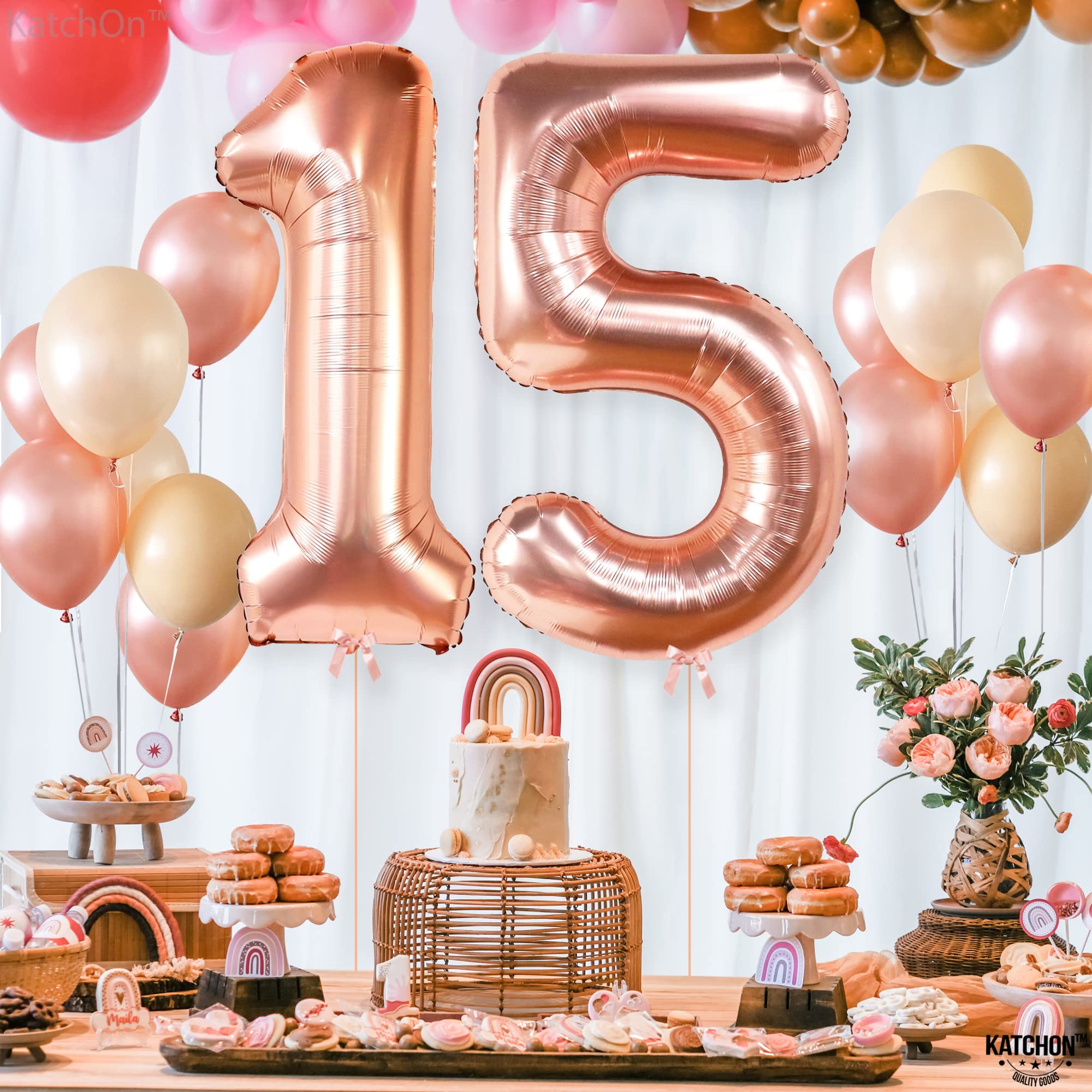 KatchOn Giant 15 Rose Gold Balloon Number - 40 Inch | 15th Birthday Decorations for Girls & Quinceañera | Large Rose Gold Number 15 Balloons for Party Decor | Perfect for Birthday Parties, Sweet 16, Anniversary Celebrations & Photo Backdrops