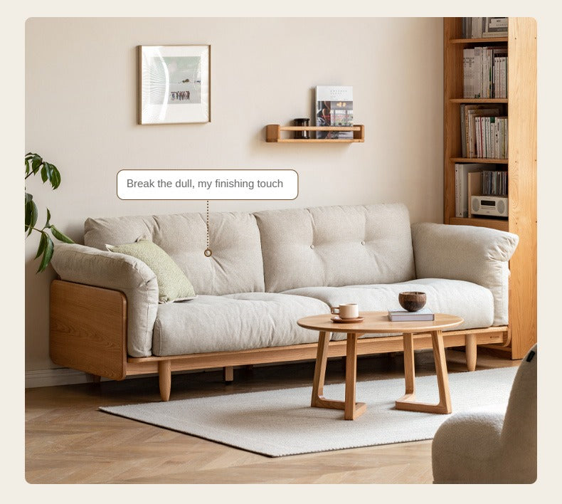 Premium Oak Solid Wood Genuine Leather Fabric Sofa - Modern Living Room Furniture for Home & Office - Comfortable Seating for Relaxation & Entertainment