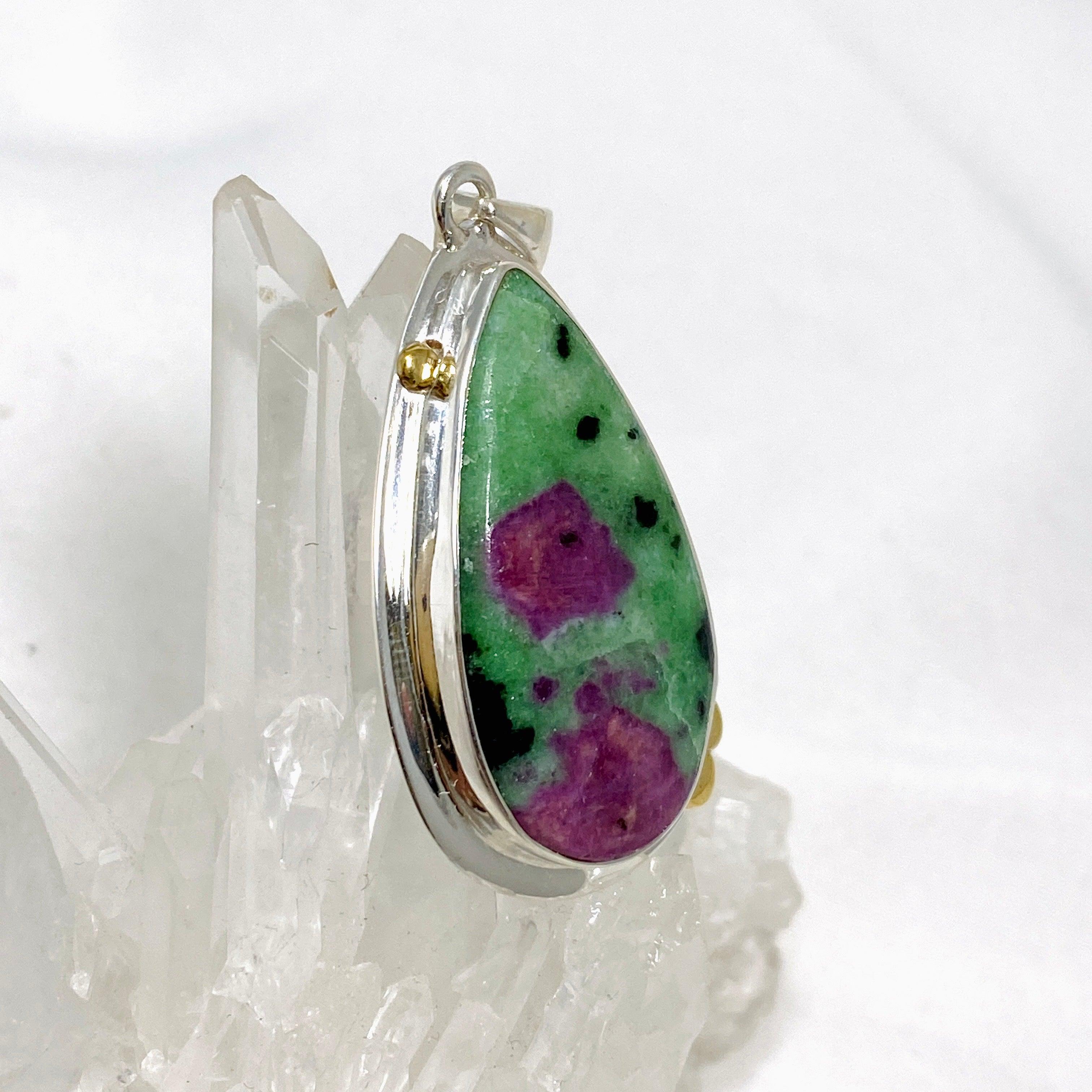 Natural Ruby in Zoisite Teardrop Pendant Necklace - Handcrafted Sterling Silver Jewelry KPGJ4494 | Perfect for Spiritual Healing, Meditation & Elegant Occasions