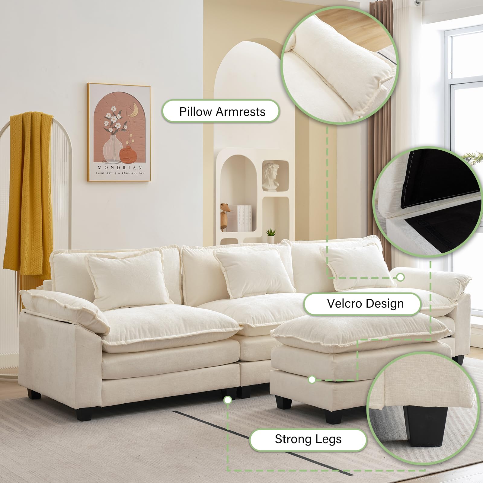 Modern L-Shaped Sectional Sofa with Pillows & Ottoman - Cloud Couch for Living Room, Chenille Fabric Sleeper Sofa (Cream White, 4-Seat) - Perfect for Family Gatherings, Movie Nights & Small Space Apartments