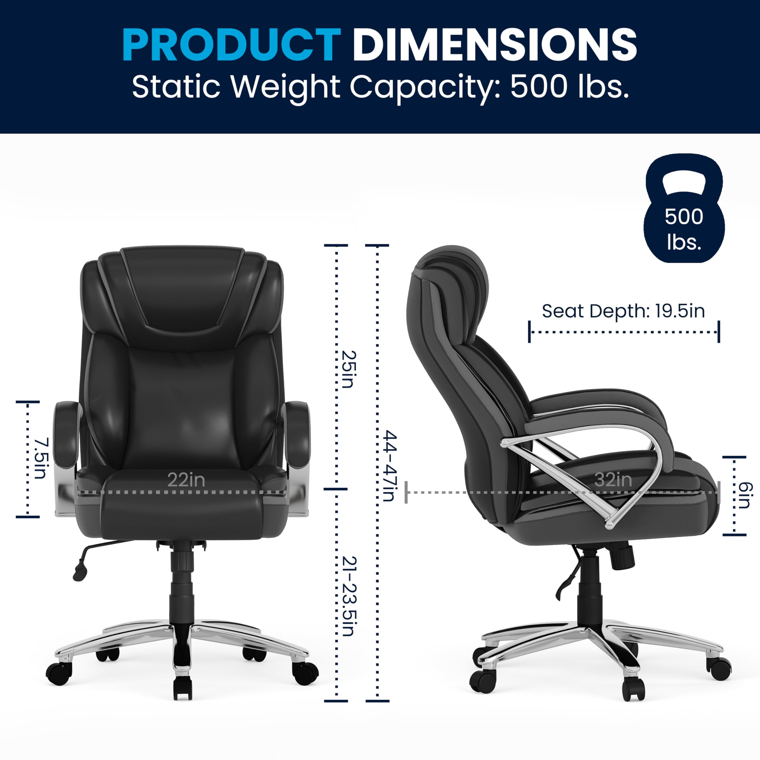 500 lb. Capacity Big & Tall Black LeatherSoft Ergonomic Office Chair with Extra Wide Seat - Perfect for Heavy Duty Home & Office Workspaces