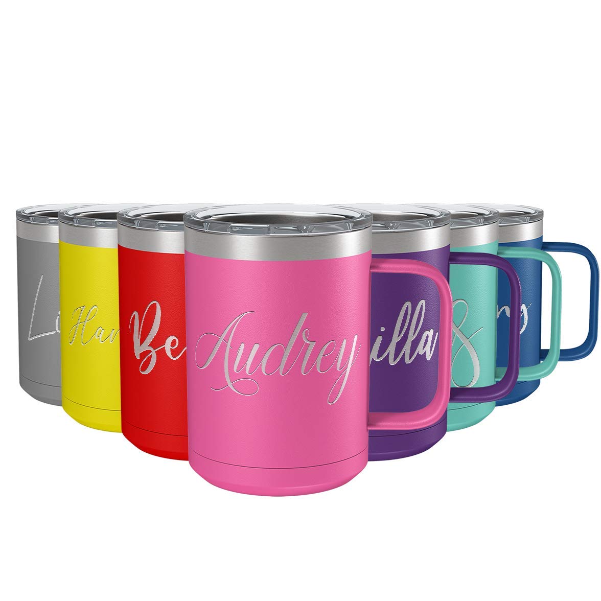 Personalized Pink Matte Finish 15 oz Stainless Steel Vacuum Insulated Coffee Mug with Handle - Custom Engraved Gift for Her, Perfect for Office, Home & Travel Use