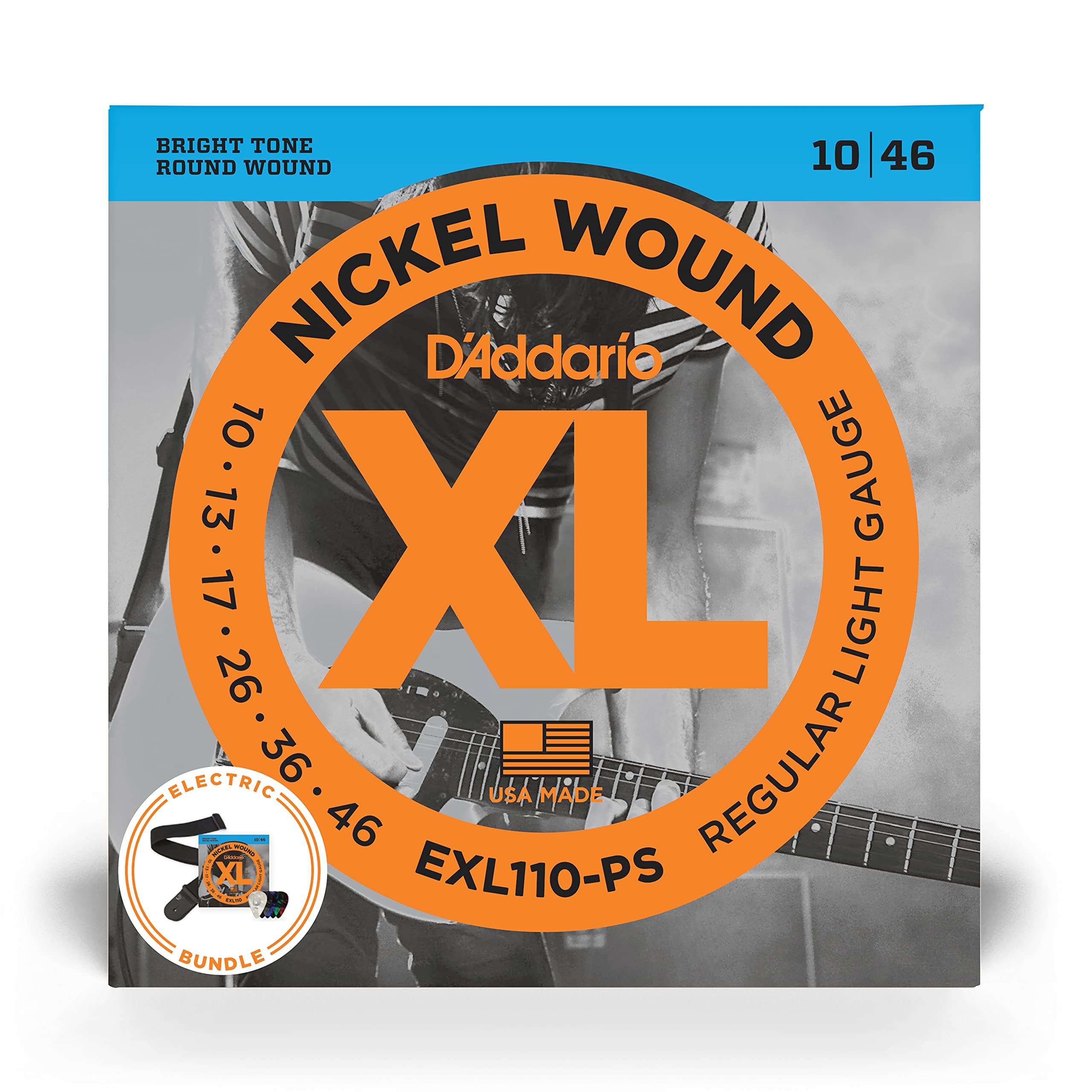 D'Addario EXL110 XL Nickel Wound Electric Guitar Strings 10-46 Light Gauge with Poly Pro Guitar Strap & 10 Pack Medium Celluloid Picks - Complete Beginner Kit for Electric Guitar Players - Perfect for Practice, Studio Recording & Live Performances