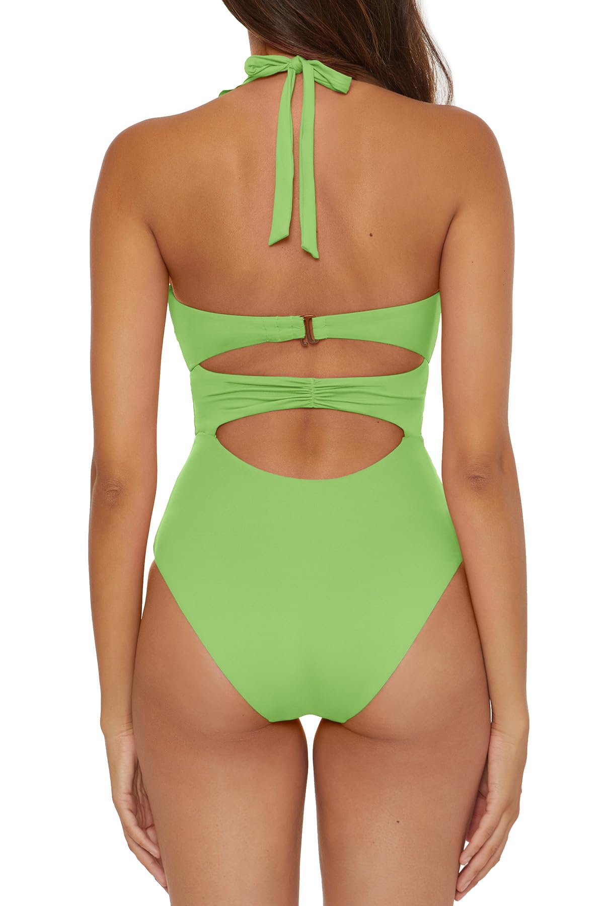 Women's One Piece Bandeau Swimsuit with Cut Out Neckline & Gold Rings - Removable Cups, Medium, Matcha Green | Sexy Swimwear for Beach, Pool & Vacation