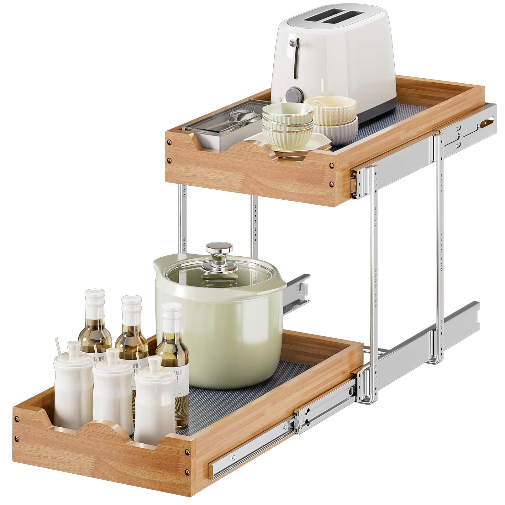2-Tier Pull Out Cabinet Drawers - Wood Organizer for Kitchen, Pantry & Bathroom Storage