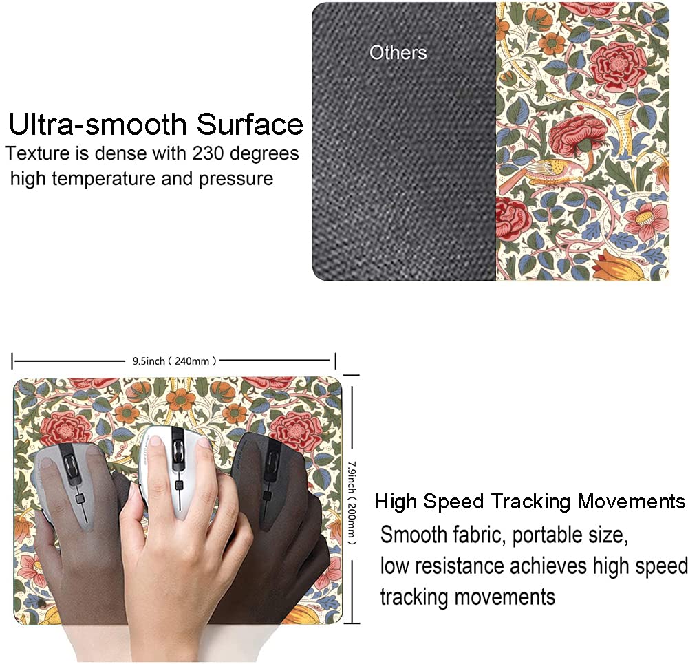 Floral Mouse Pad - Non-Slip Rubber Base, Waterproof Square Mouse Mat for Office & Laptop - William Morris Flowers Design - Perfect for Work, Gaming & Home Office Use