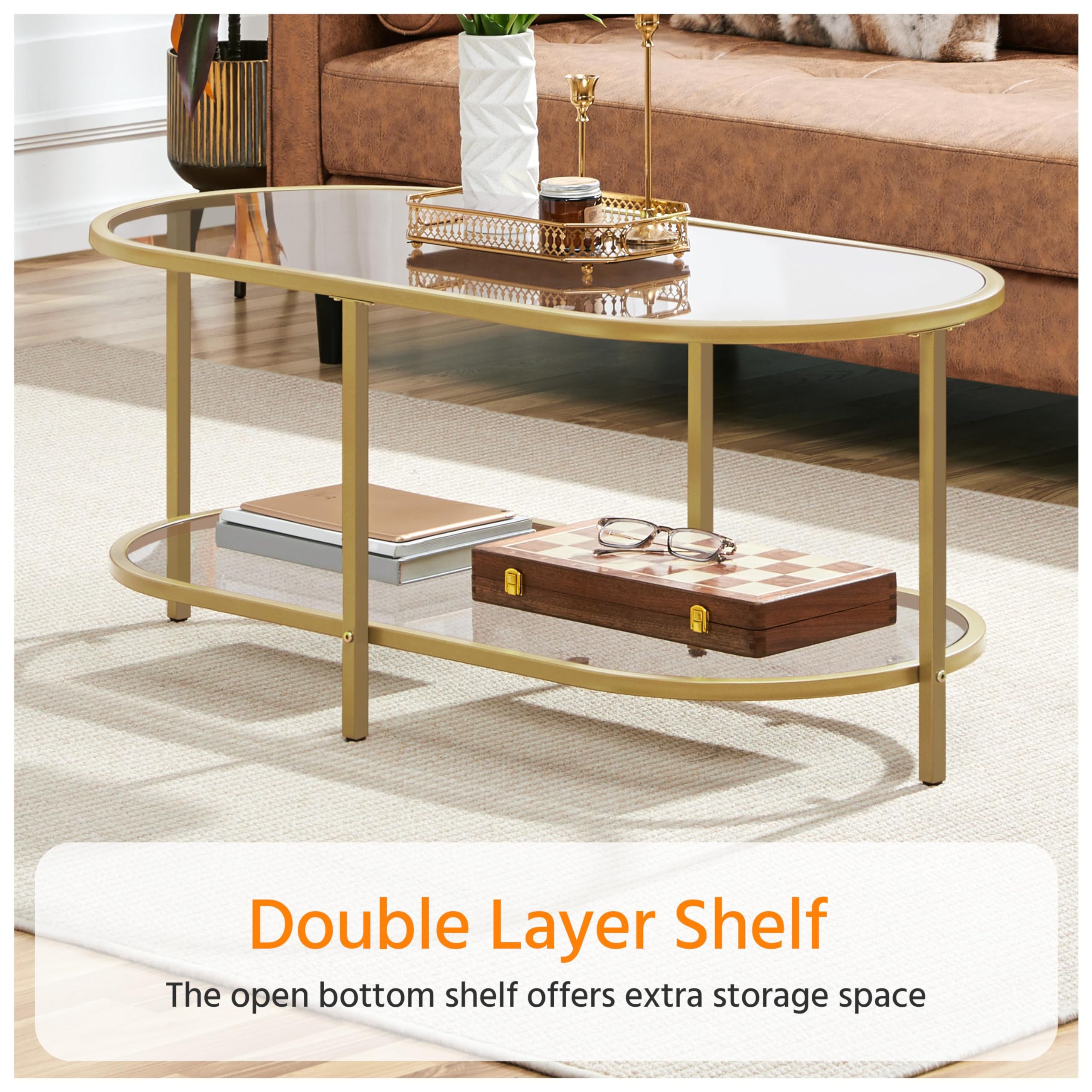 Yaheetech 42 Inch Oval Glass Coffee Table with Storage Shelf - 2-Tier Modern Center Table for Living Room, Office & Small Spaces - Perfect for Home Decor, Entertaining Guests & Compact Apartments