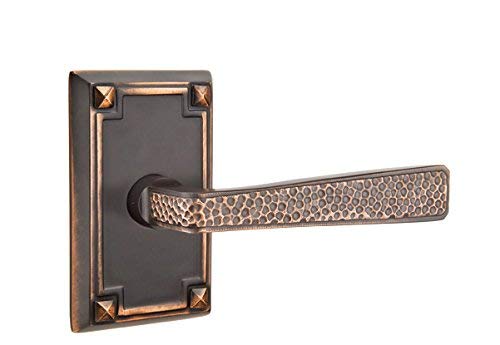 EMTEK Arts & Crafts Rosette Passage Door Handle Set with Matching Hammered Lever - 4 Finishes Available - Right Handed (RH) - Oil Rubbed Bronze (US10B) - Perfect for Vintage Home Decor & Interior Doors