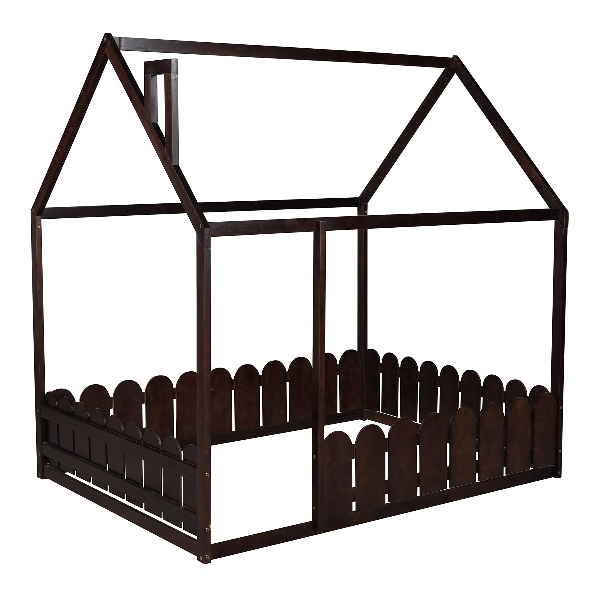 RUNNA Kids House Bed - Full Size Wooden Floor Bed Frame with Safety Fence | Espresso Cabin Bed for Toddlers & Children | Durable Nursery Furniture with Unlimited Weight Capacity | Perfect for Bedrooms, Playrooms & Montessori Spaces